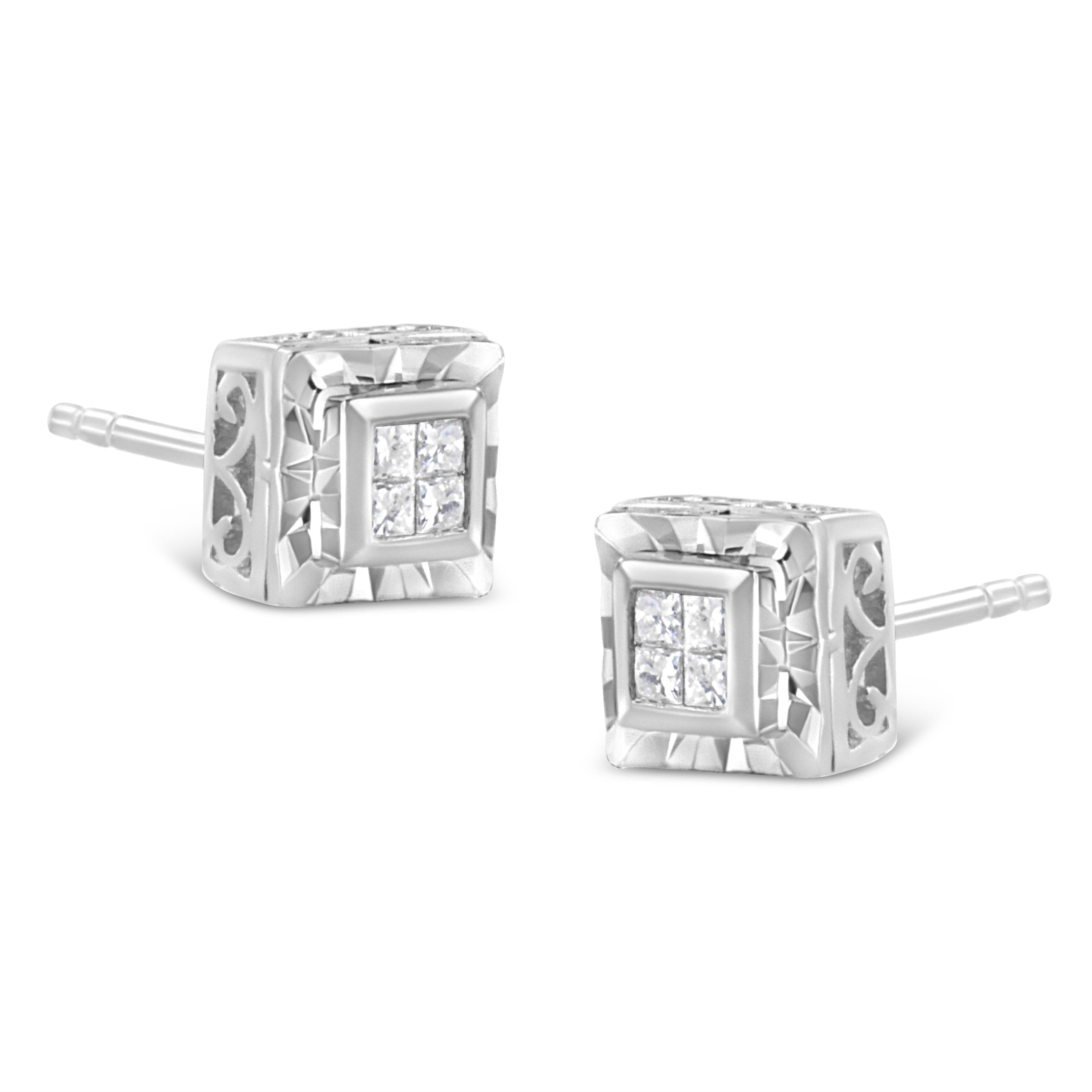 .925 Sterling Silver 1/6 Carat Total Weight Invisible Set Princess-Cut Diamond Quad Composite Stud Earrings (H-I Color, I1-I2 Clarity)