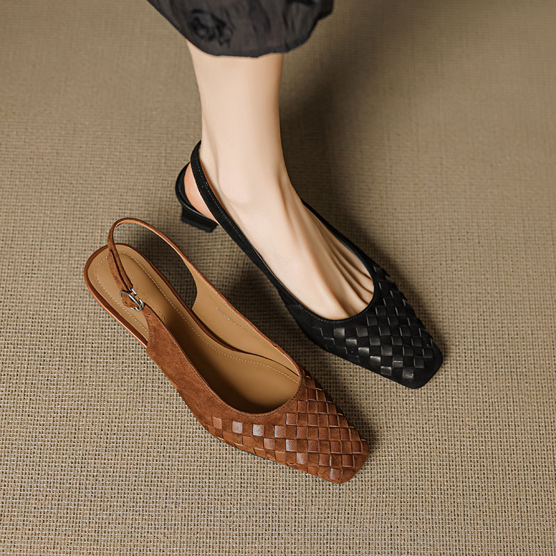 Women's Handmade Suede Woven Slingback Block Heel Sandals, Square-Toe Buckle Dress Shoes