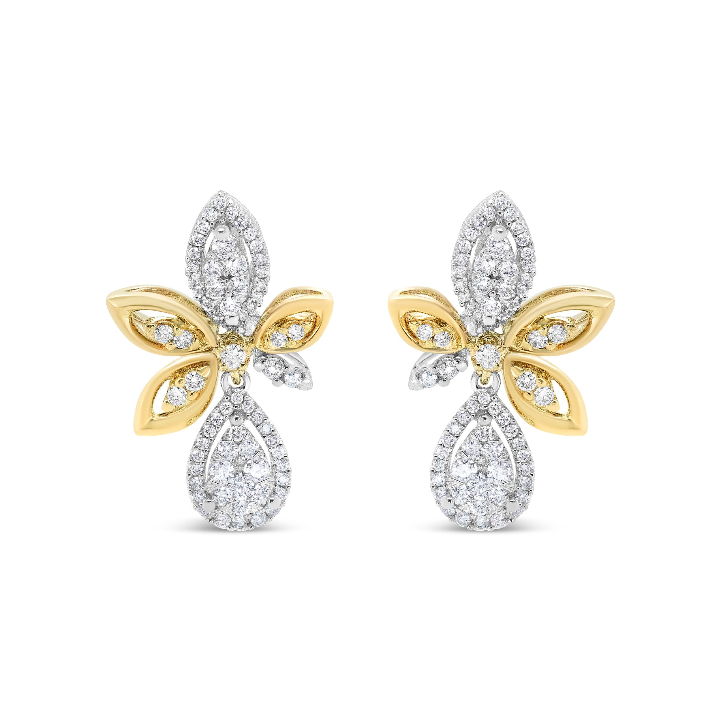 14K White and Yellow Gold 1.00 Cttw Round Pave-Set Diamond Teardrop and Marquise Shape Drop Dangle Earrings (H-I Color, SI1-SI2 Clarity)