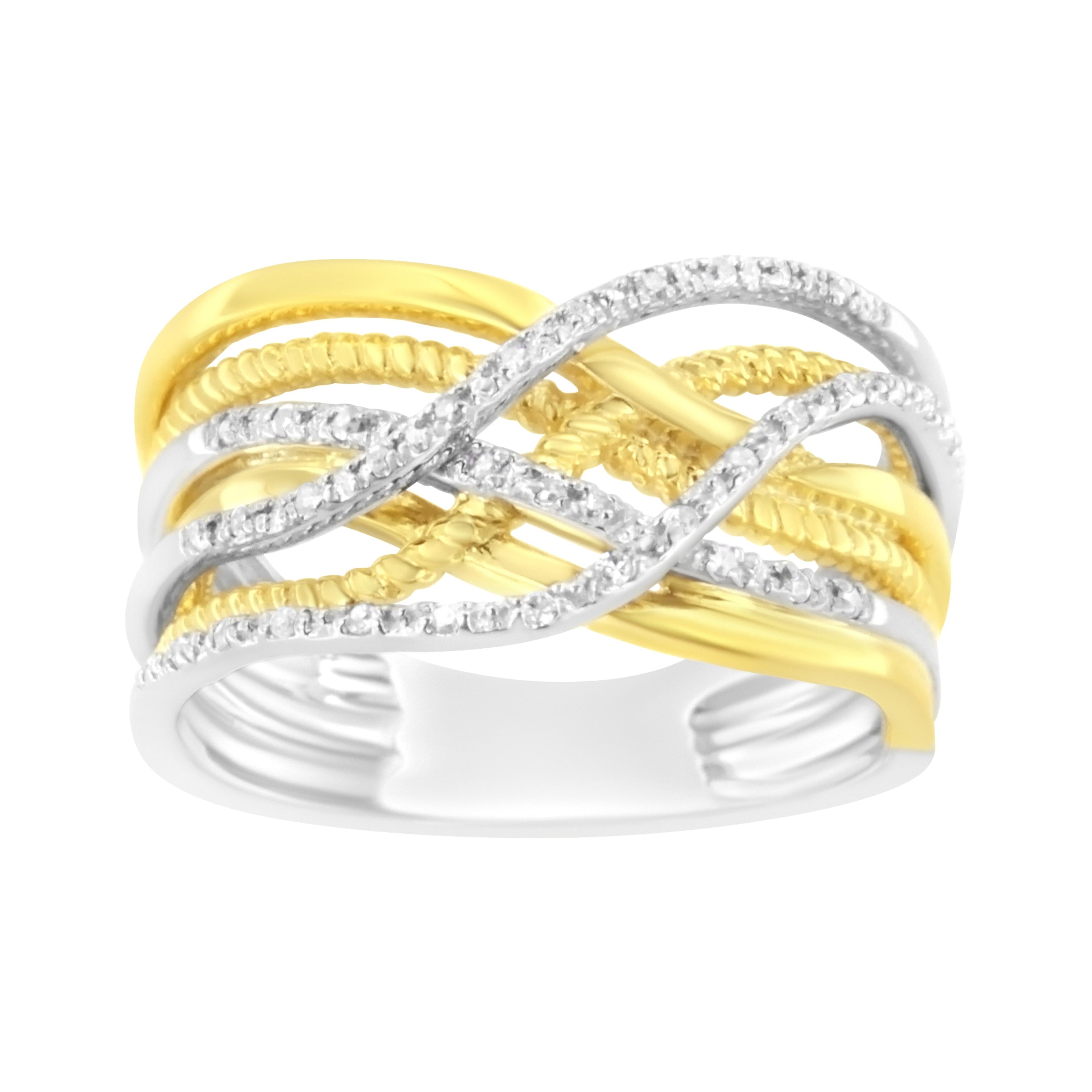 10K Yellow Gold Plated .925 Sterling Silver 1/10 Cttw Diamond Multi Row Crossover Ring Band (I-J Color, I1-I2 Clarity) - Size 7