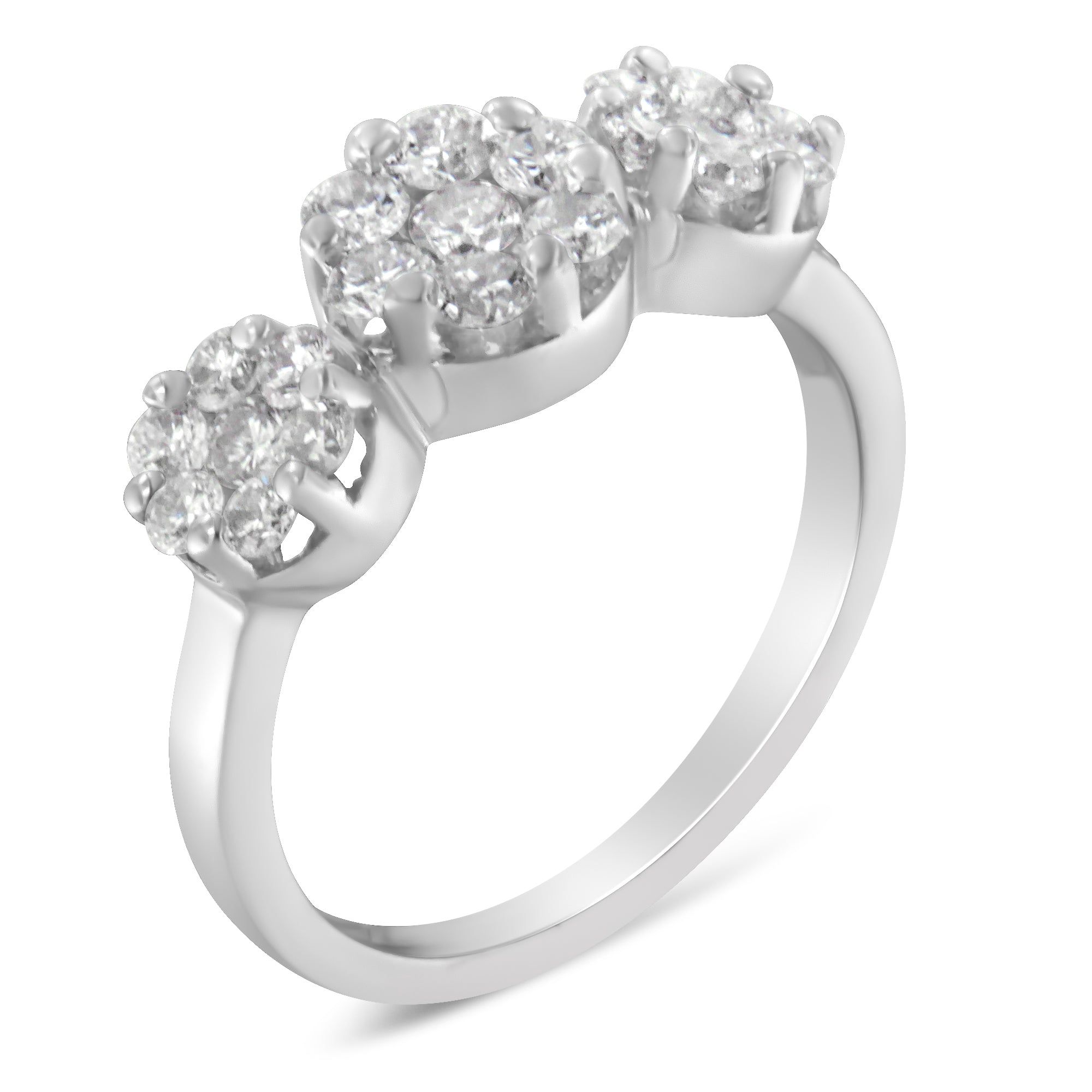 14K White Gold 1-1/4 Cttw Brilliant Cut Diamond Three Round Floral Clusters Engagement or Fashion Ring (H-I Color, SI2-I1 Clarity) - Size 6