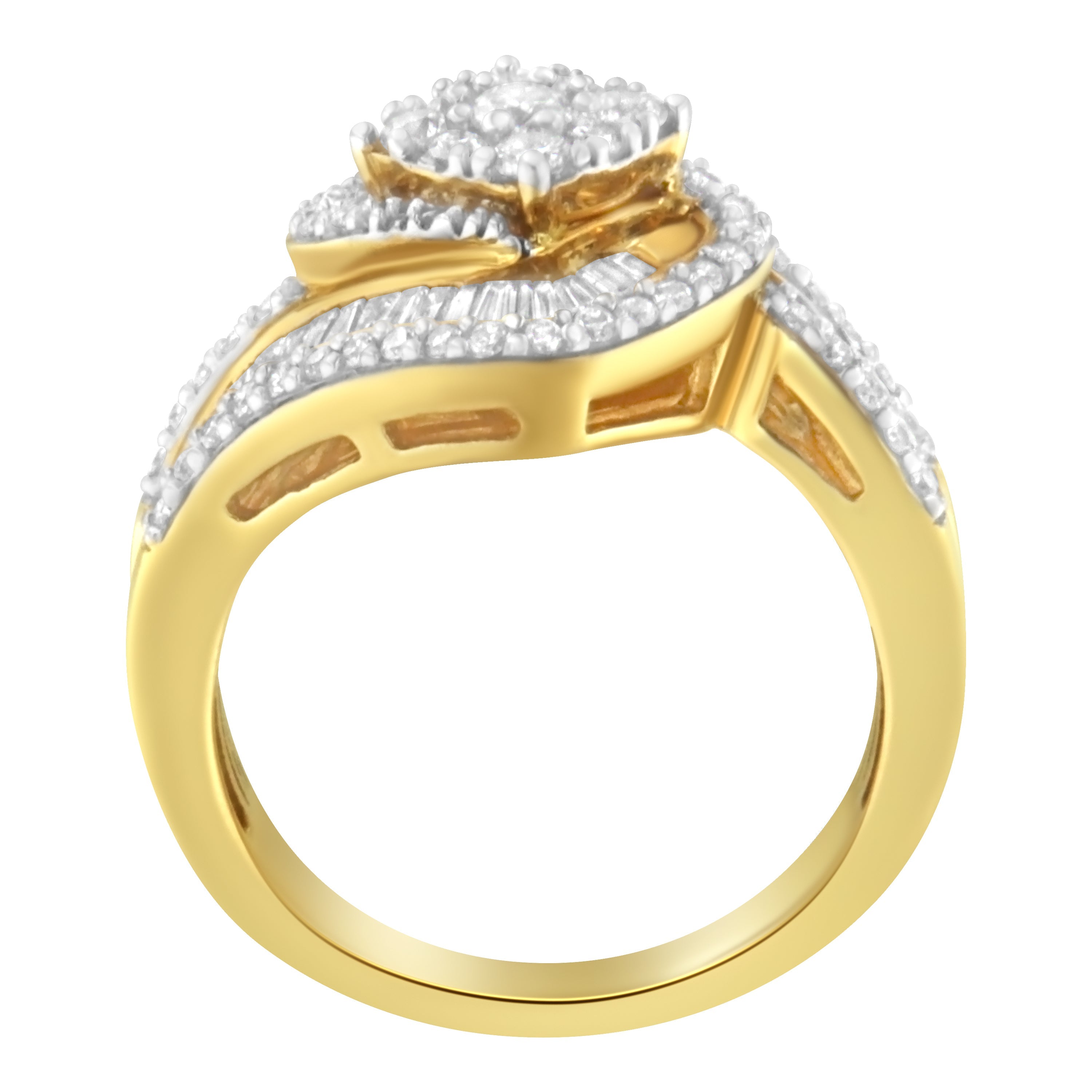 14K Yellow Gold 1.0 Cttw Baguette & Brilliant-Cut Diamond Round Floral Cluster Engagement or Fashion Ring with Swirl Wrapped Triple Row Band (H-I Color, SI2-I1 Clarity) - Size 6-3/4