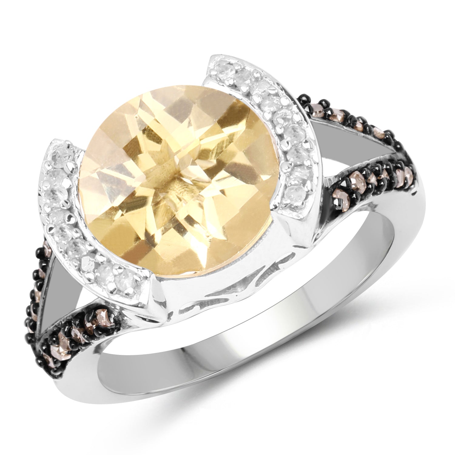3.64 Carat Genuine Citrine, Champagne Diamond, and White Diamond .925 Sterling Silver Ring