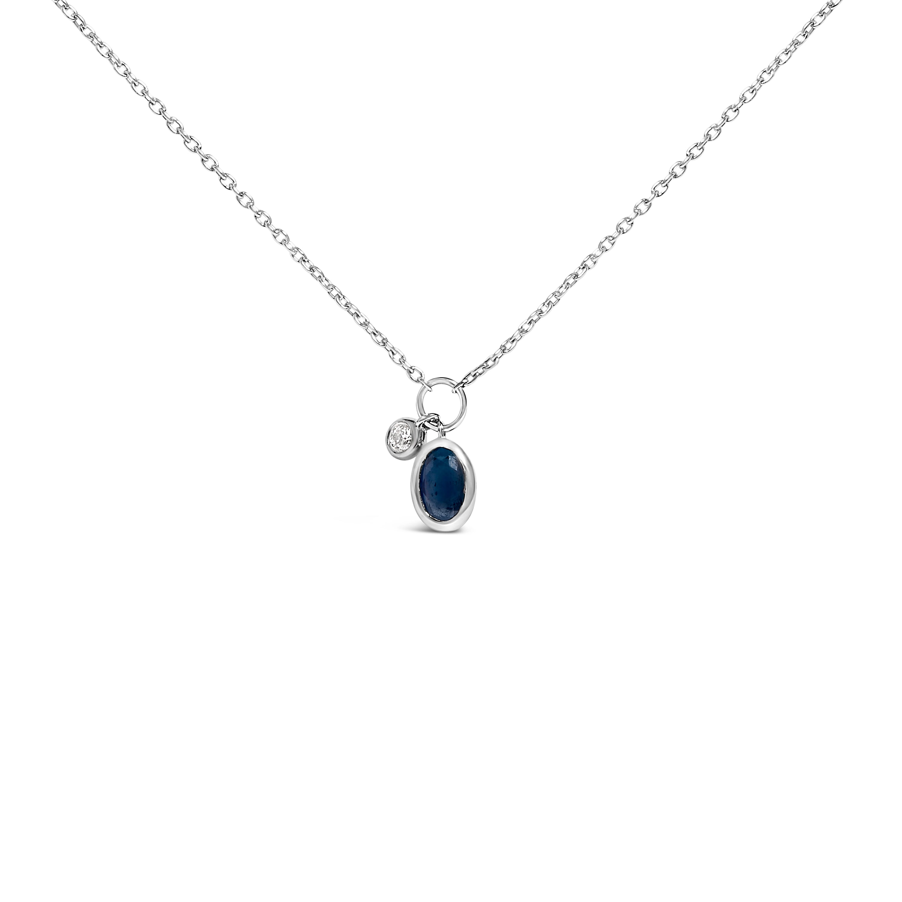 10K White Gold Oval Blue Sapphire and Diamond Double Charm Pendant Necklace - 18" Inches
