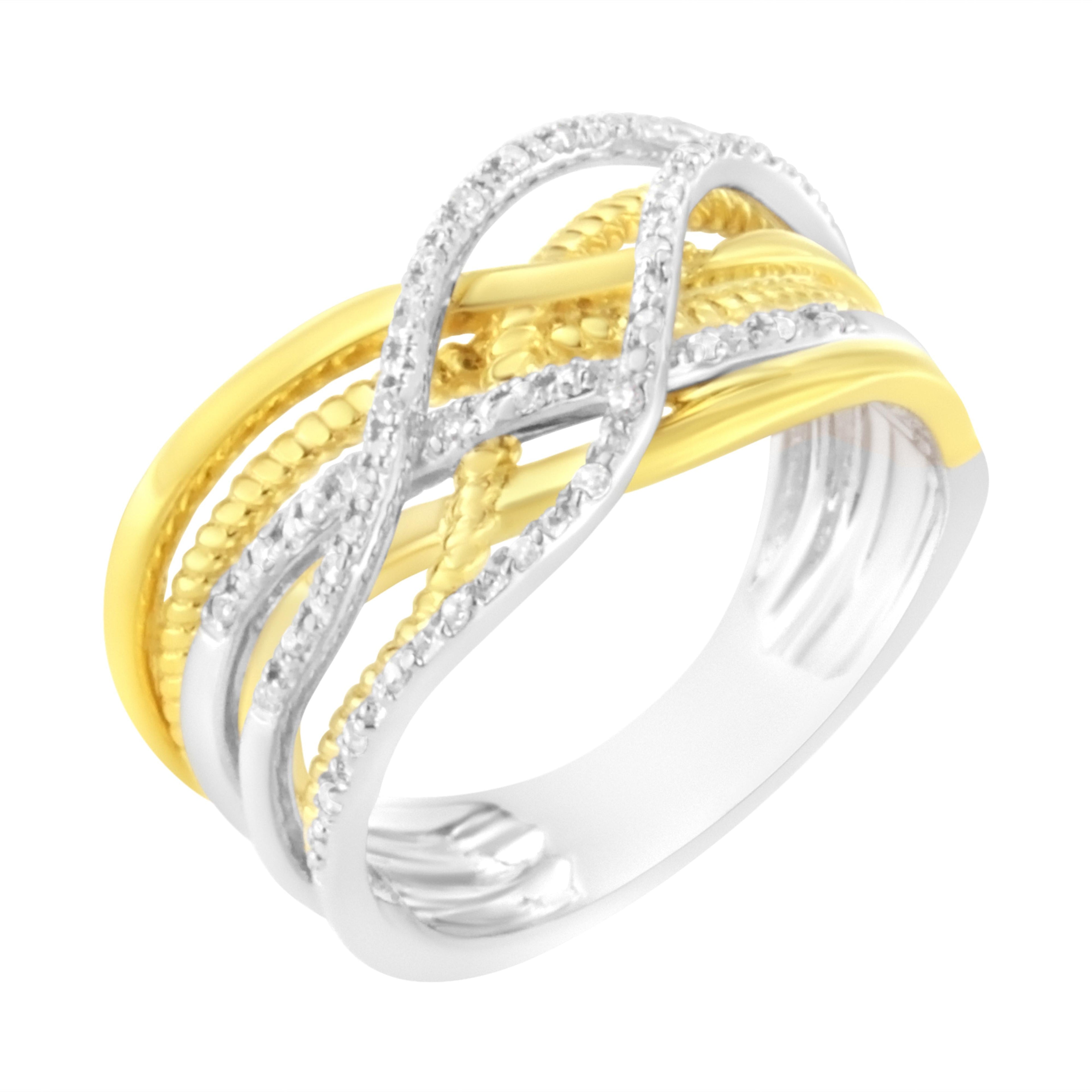 10K Yellow Gold Plated .925 Sterling Silver 1/10 Cttw Diamond Multi Row Crossover Ring Band (I-J Color, I1-I2 Clarity) - Size 7