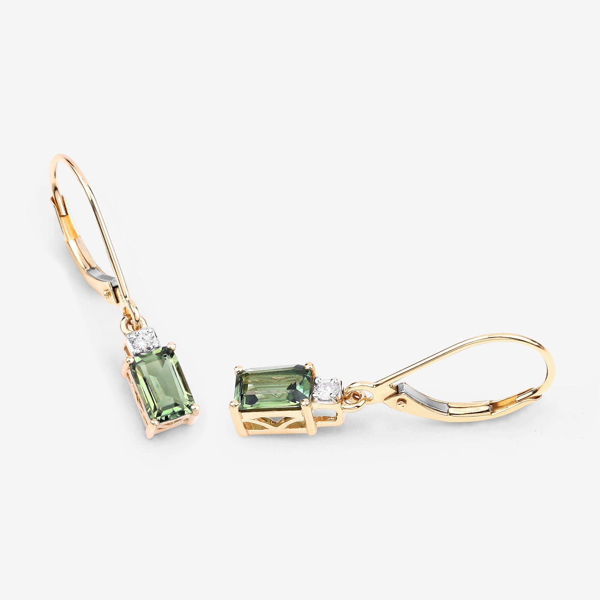 1.28 Carat Genuine Green Tourmaline and White Diamond 14K Yellow Gold Earrings