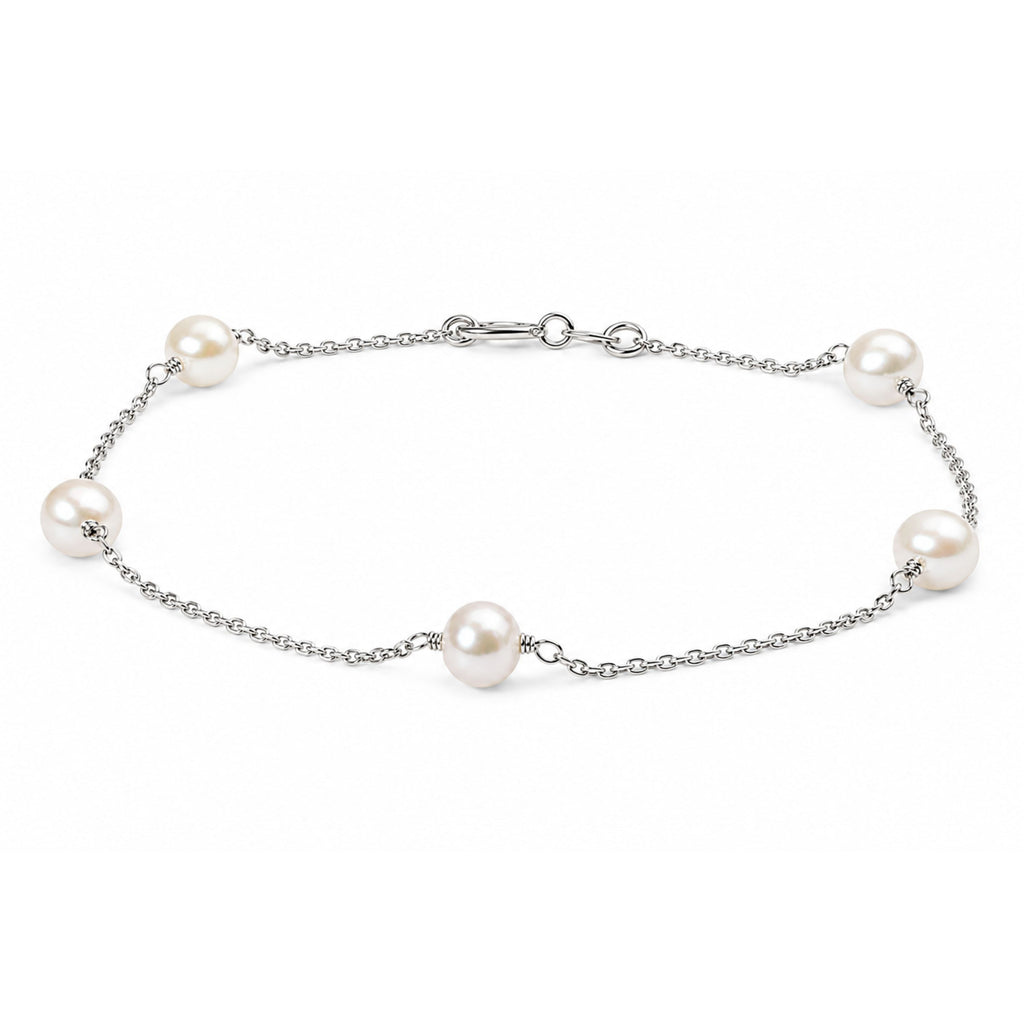 14K White Gold Cultured White Freshwater Pearl Station Bracelet