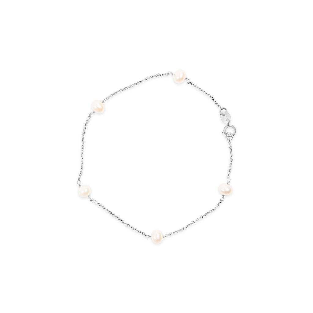 14K White Gold Cultured White Freshwater Pearl Station Bracelet