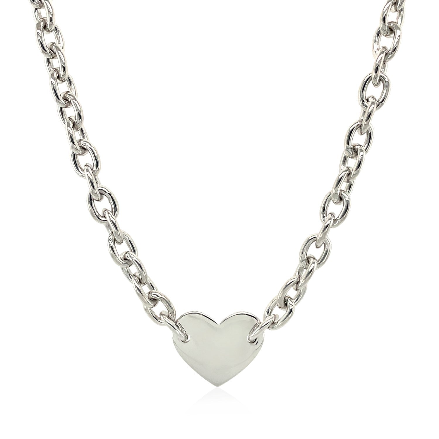 Pulsera de cadena de plata de ley con baño de rodio y motivo de corazón plano