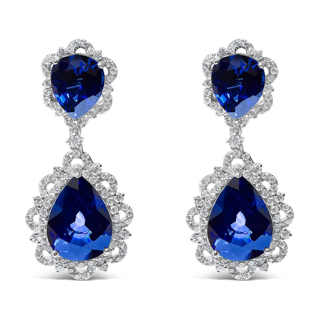 18K White Gold Blue Sapphire and Diamond 2.00 Cttw Diamond Halo Drop and Dangle Earrings (G-H Color, SI1-SI2 Clarity)