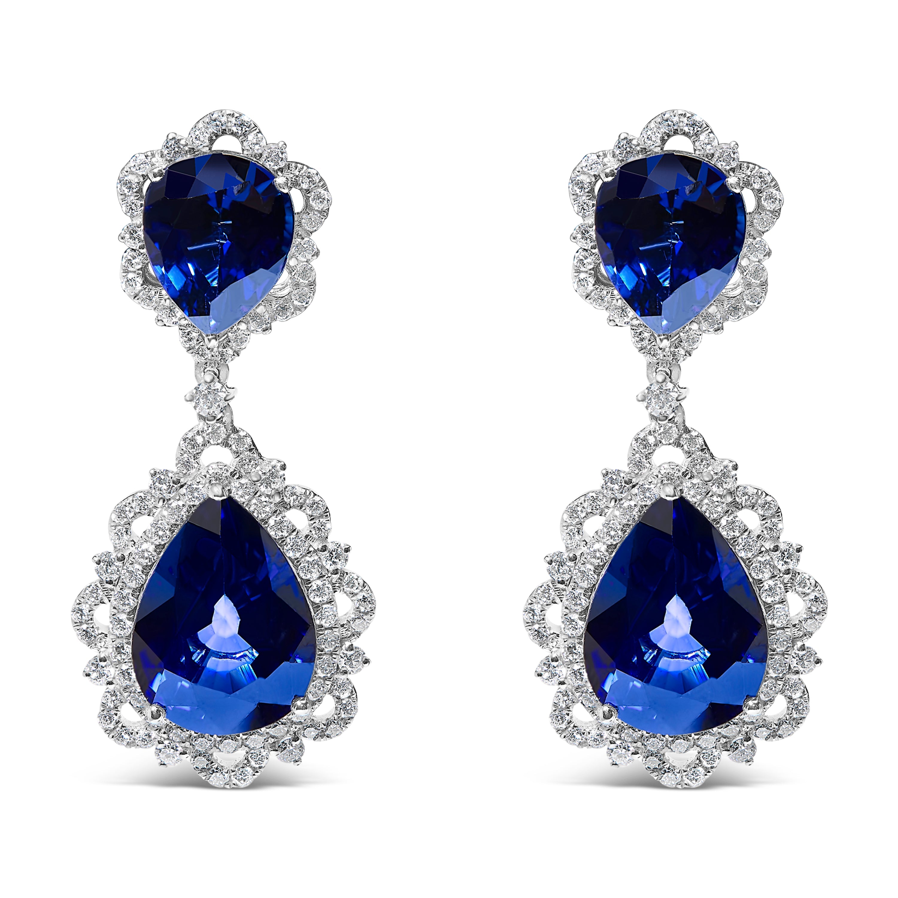 18K White Gold Blue Sapphire and Diamond 2.00 Cttw Diamond Halo Drop and Dangle Earrings (G-H Color, SI1-SI2 Clarity)