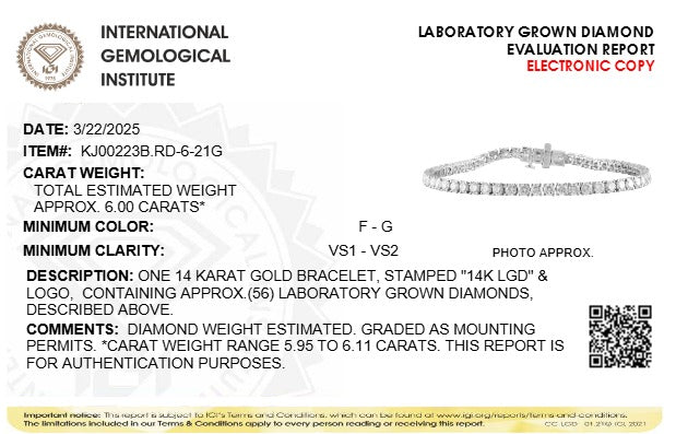 IGI Certified 14K White Gold 6.0 Cttw Lab Grown Diamond Tennis Bracelet