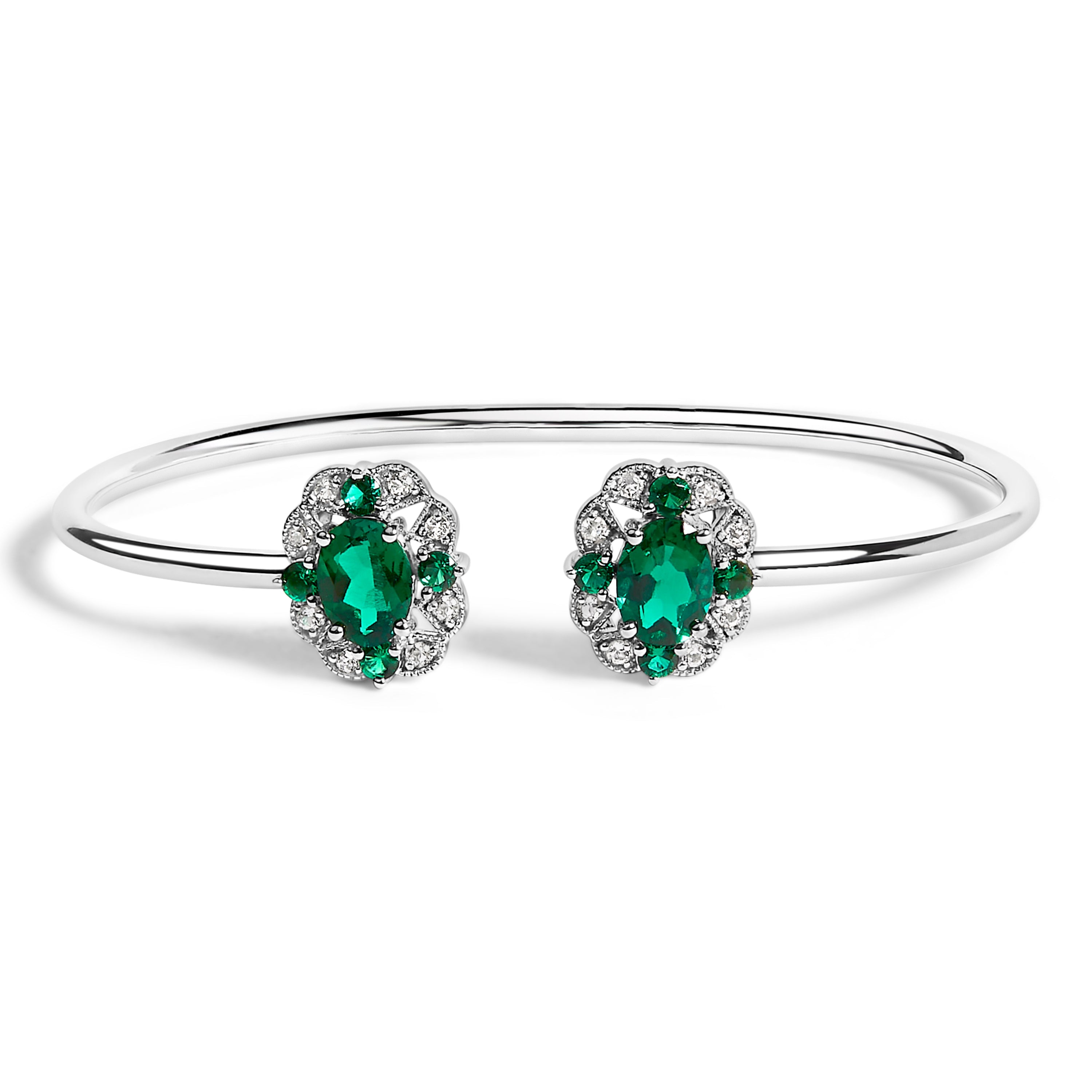 Sterling Silver White Topaz and Green Emerald Floral Bangle Bracelet