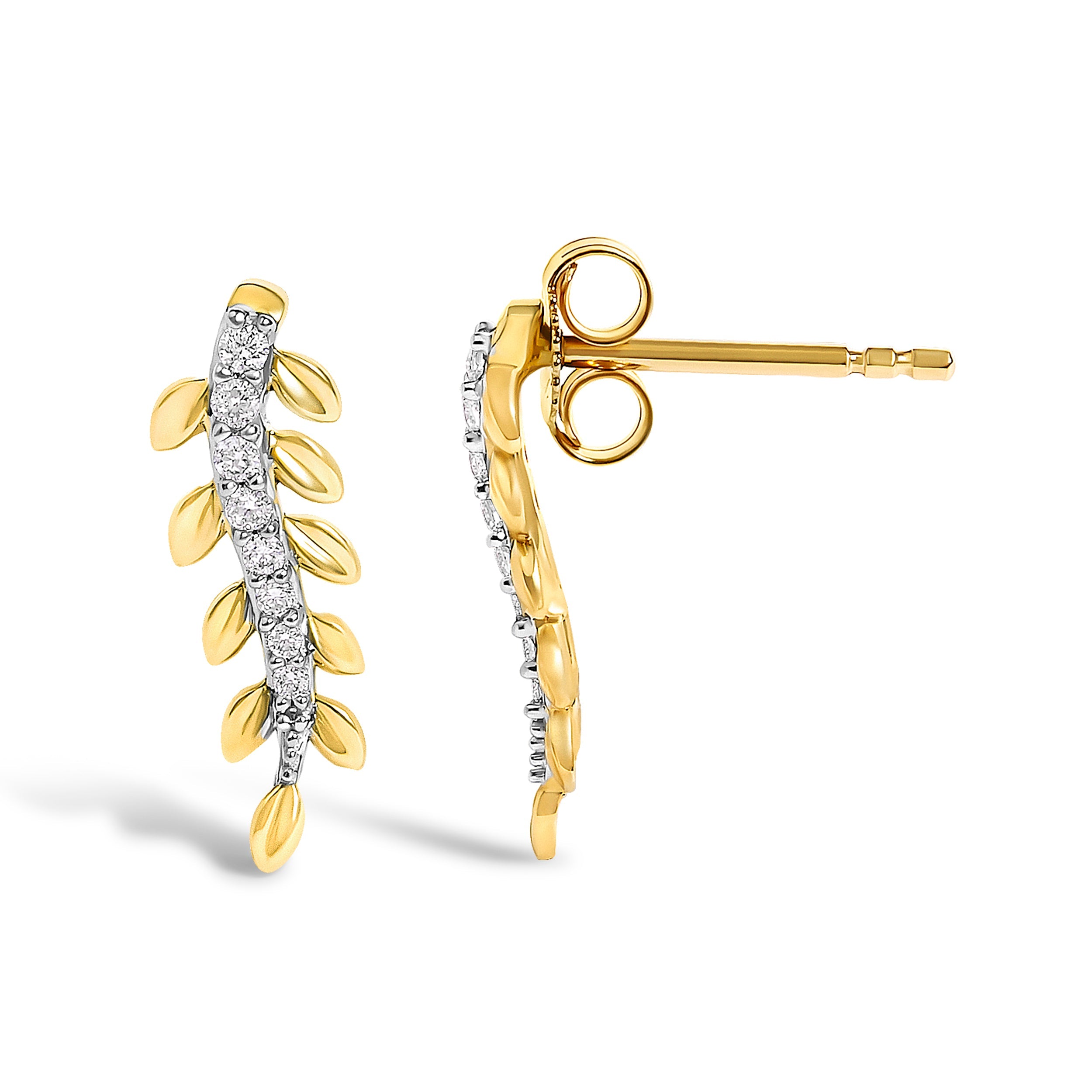14K Yellow Gold 1/10 Cttw Diamond Leaf Drop Stud Earrings