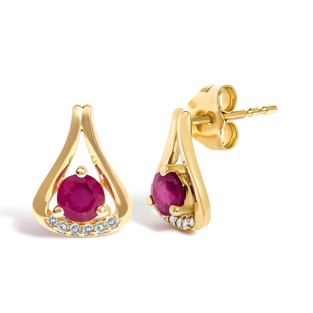 14K Yellow Gold Red Ruby and Diamond Accent Teardrop Stud Earrings