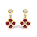 14K Yellow Gold 1/10 Cttw Diamond and  Ruby Floral Dangle Earrings
