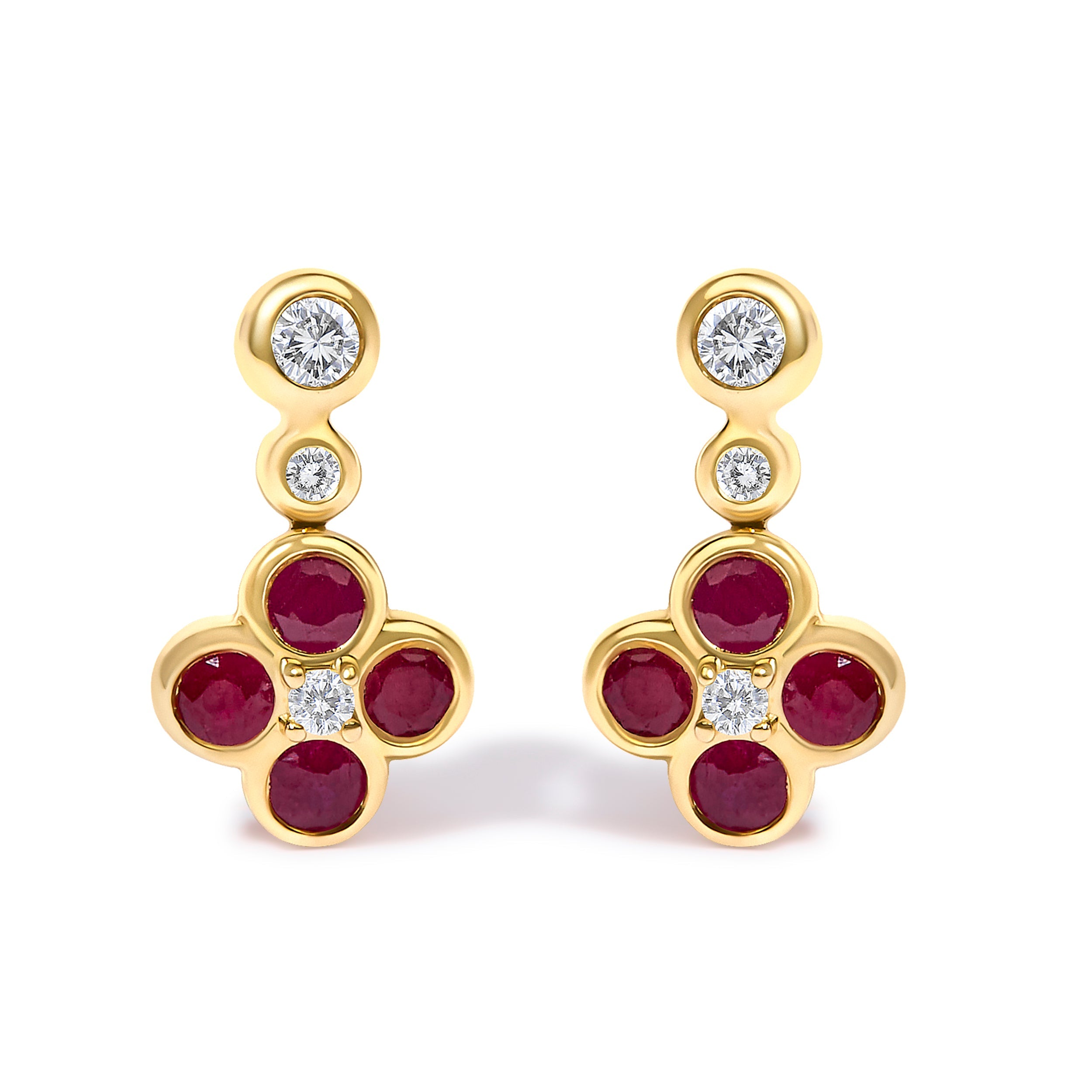 14K Yellow Gold 1/10 Cttw Diamond and  Ruby Floral Dangle Earrings