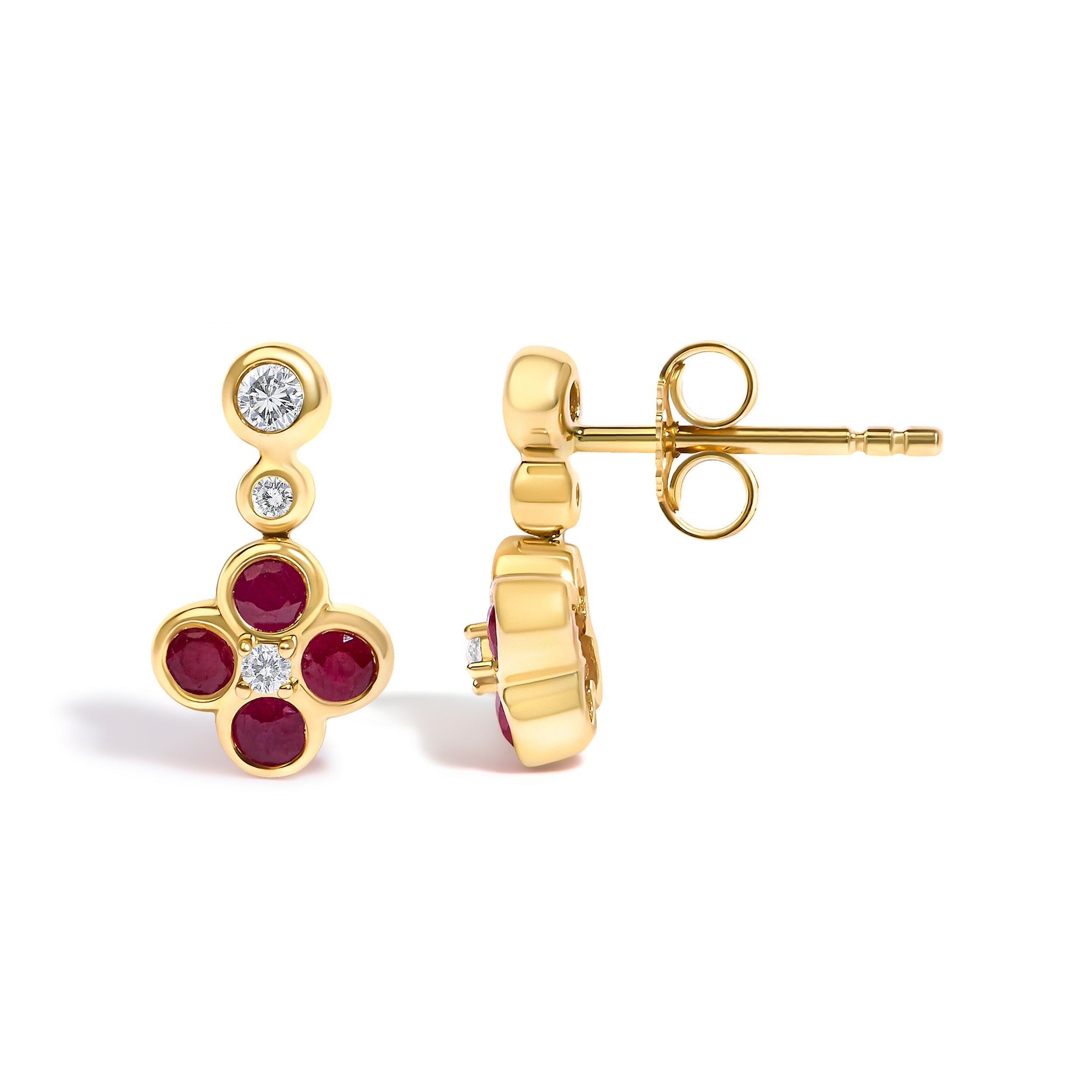14K Yellow Gold 1/10 Cttw Diamond and  Ruby Floral Dangle Earrings