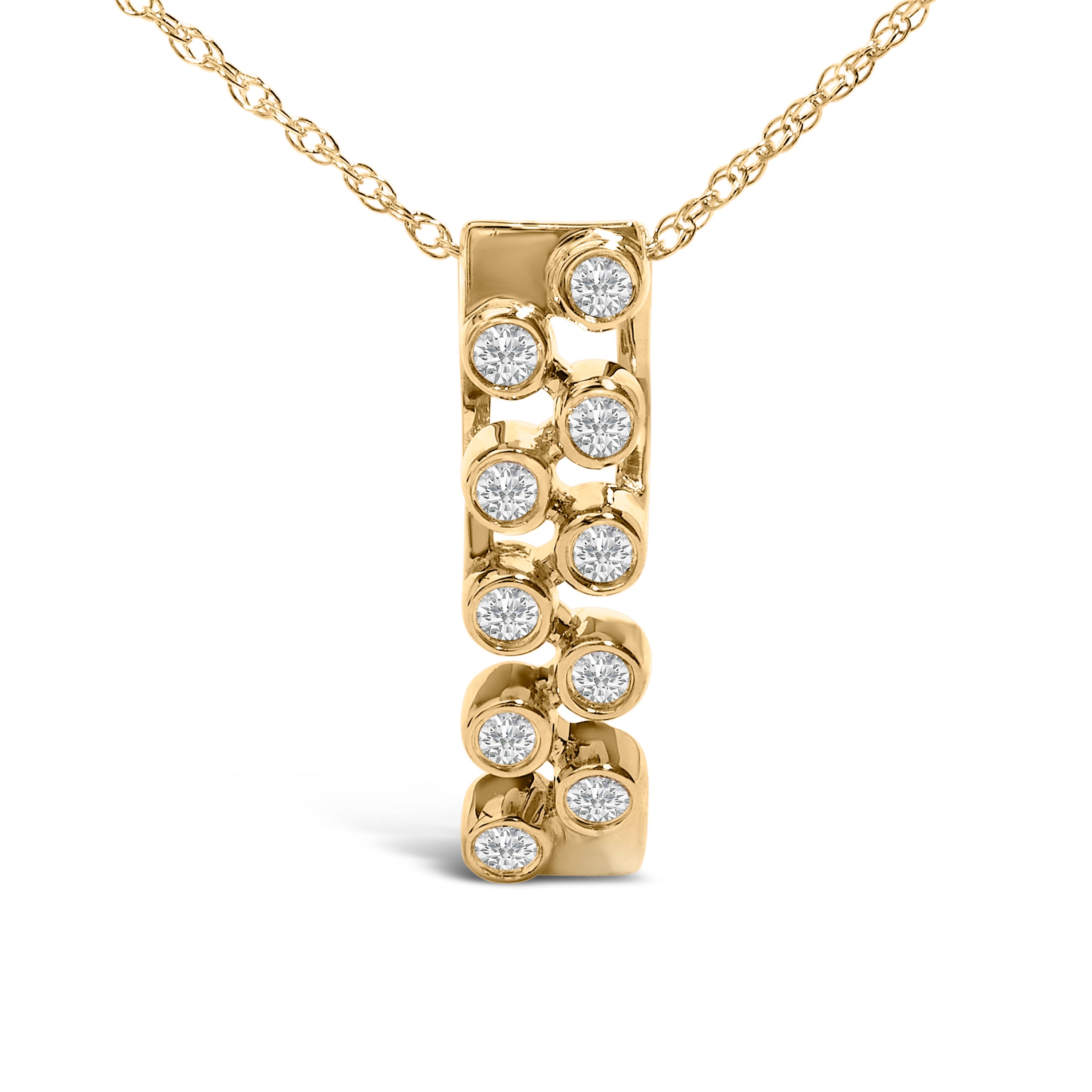 14K Yellow Gold Bezel Set 1/7 Cttw Diamond Vertical Bar Pendant Necklace
