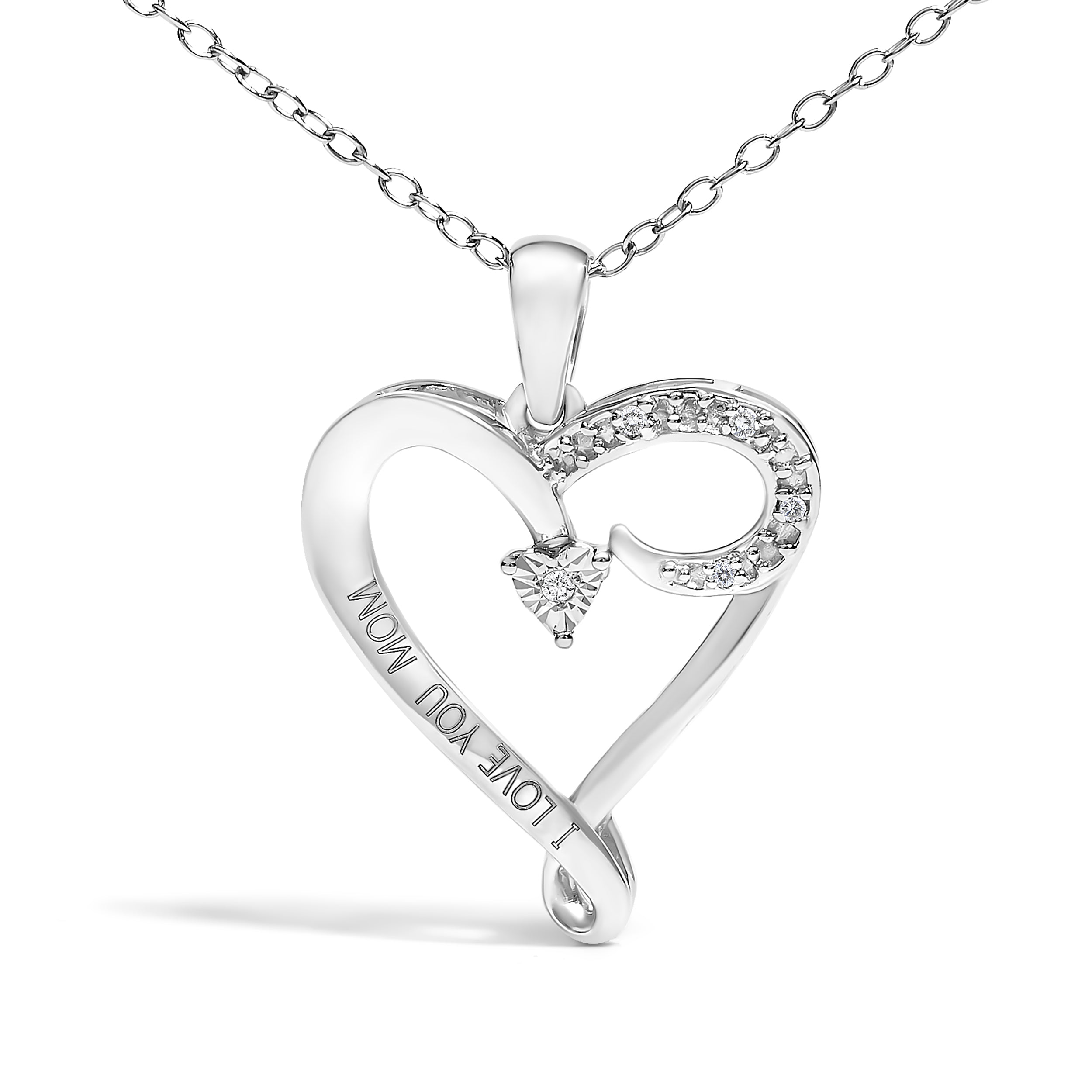 .925 Sterling Silver Diamond Accent "I LOVE YOU MOM" Heart Pendant Necklace (J-K Color, I2-I3 Clarity) - 18" Inches