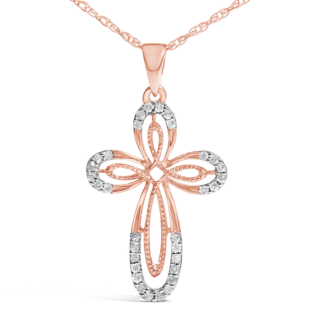 10K Rose Gold Plated Sterling Silver 1/6 Cttw Diamond Double Loop Cross Pendant Necklace