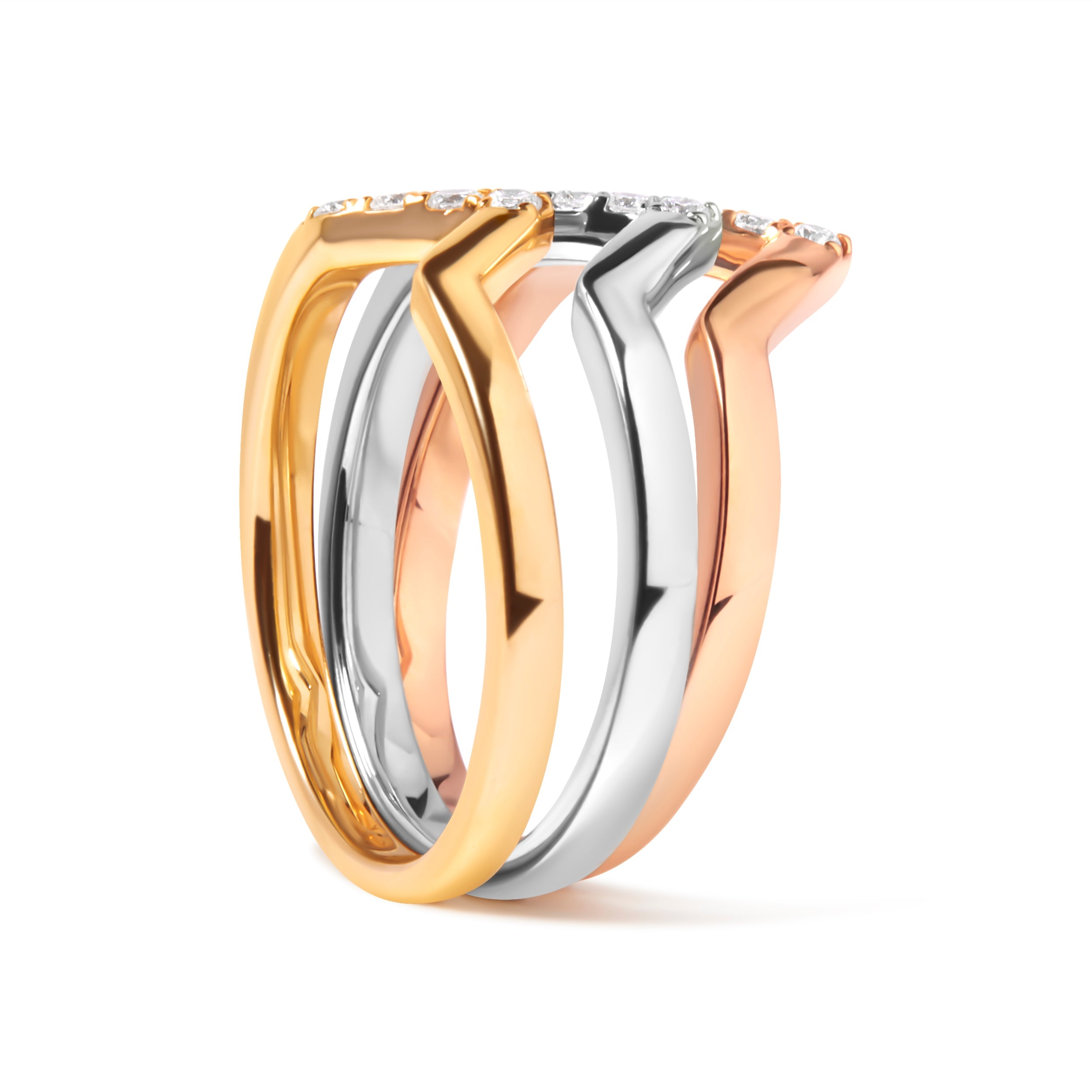 14K Gold 1/4 Carat Total Weight Diamond Geometrical Chevron V Stackable Band Ring Set (G-H Color, SI1-SI2 Clarity) - Size 7