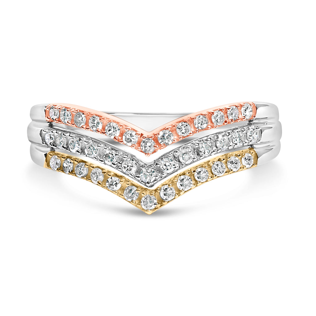 10K Gold Plated Sterling Silver 1/3 Cttw Tri-Color Chevron Diamond Stackable Ring