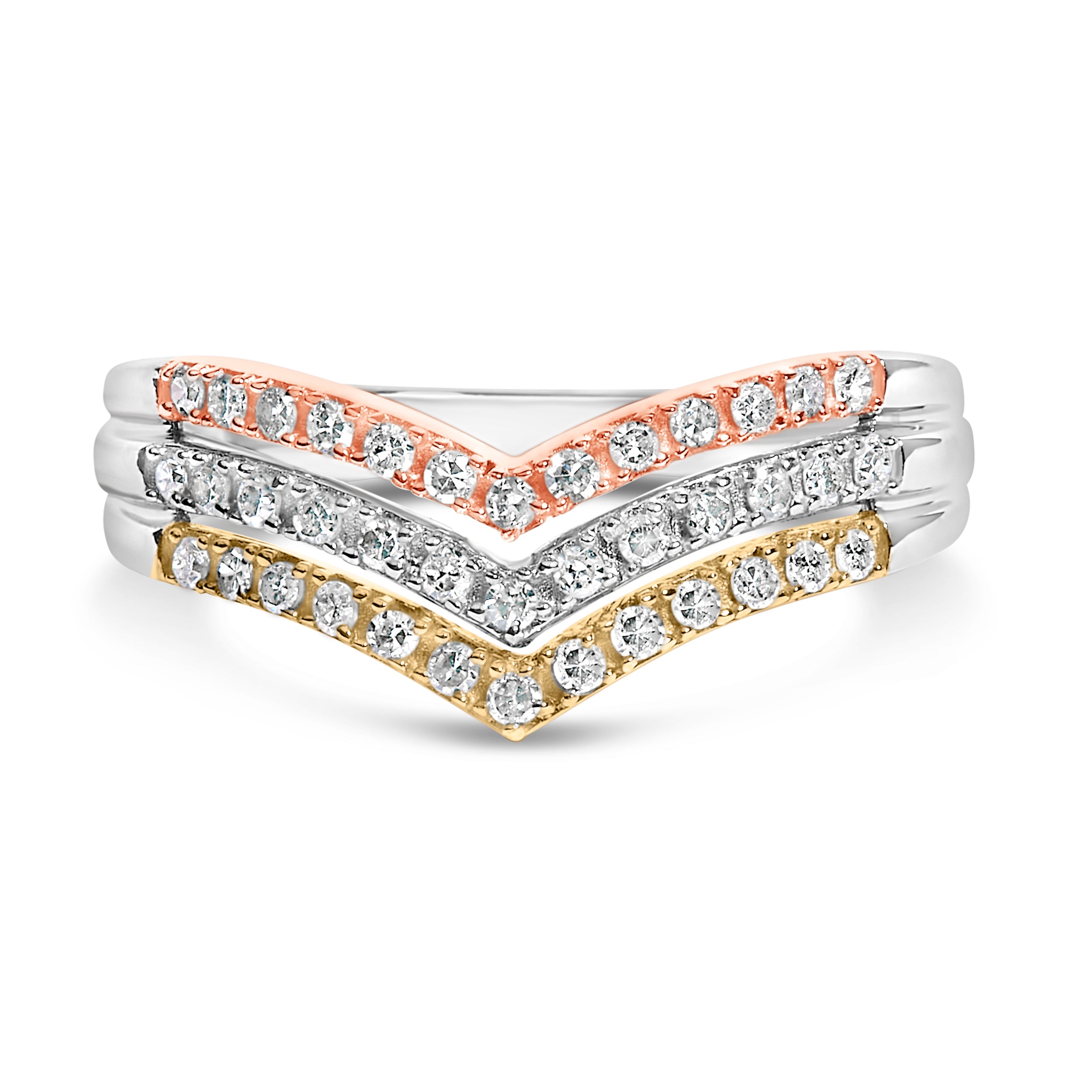 10K Gold Plated Sterling Silver 1/3 Cttw Tri-Color Chevron Diamond Stackable Ring
