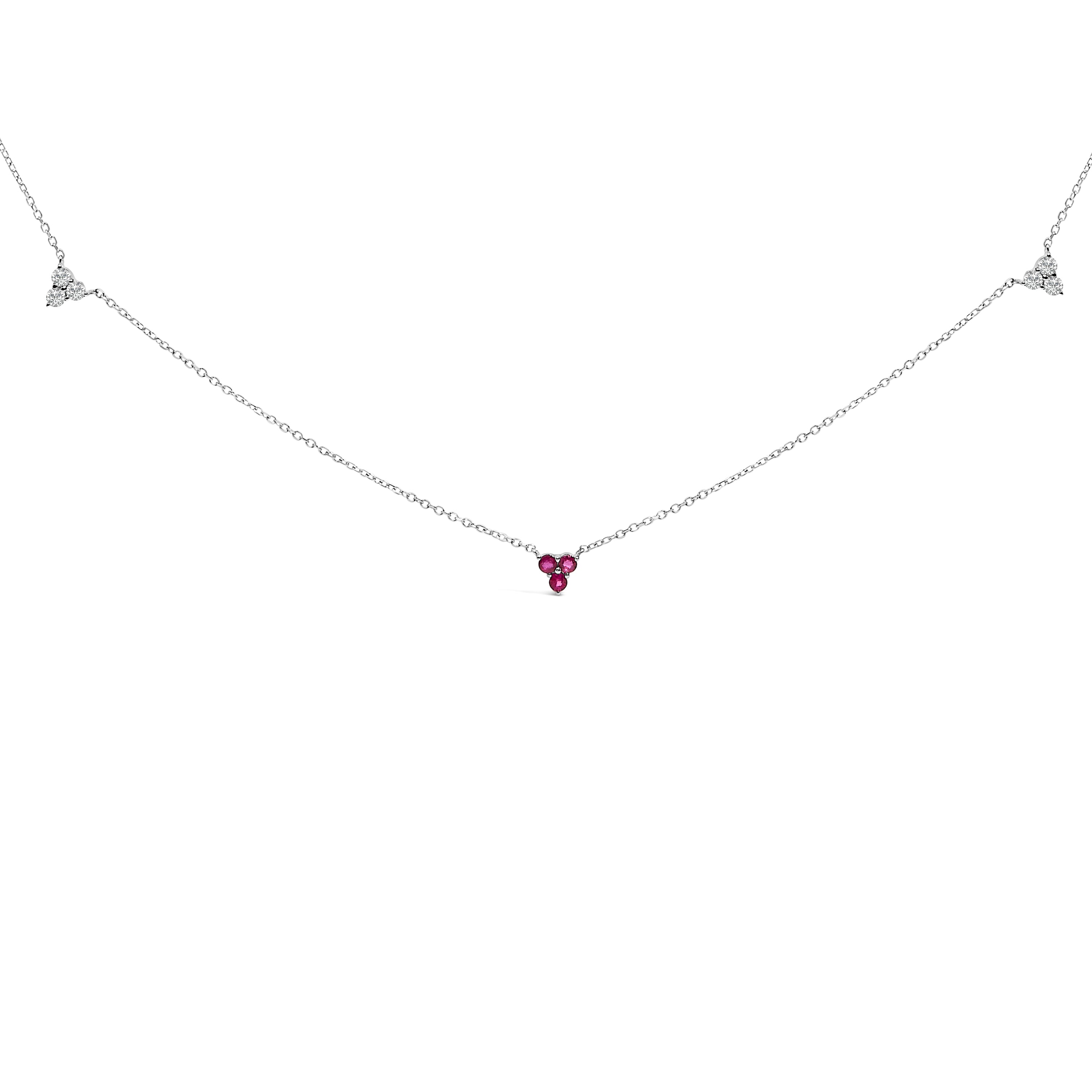 14K White Gold 1/5 Cttw Diamond and Ruby Tri Station Necklace