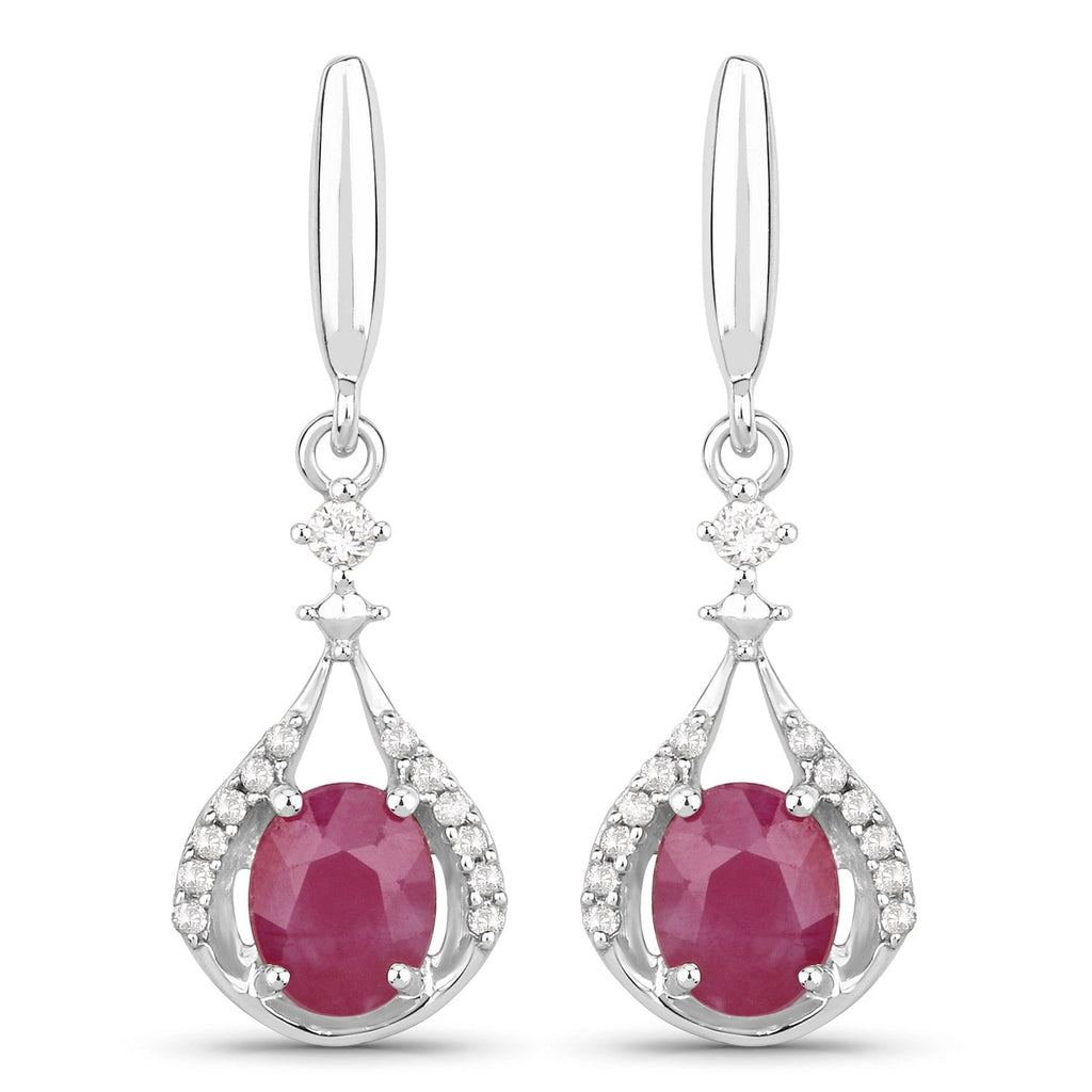 0.70 Carat Genuine Ruby and White Diamond 14K White Gold Earrings