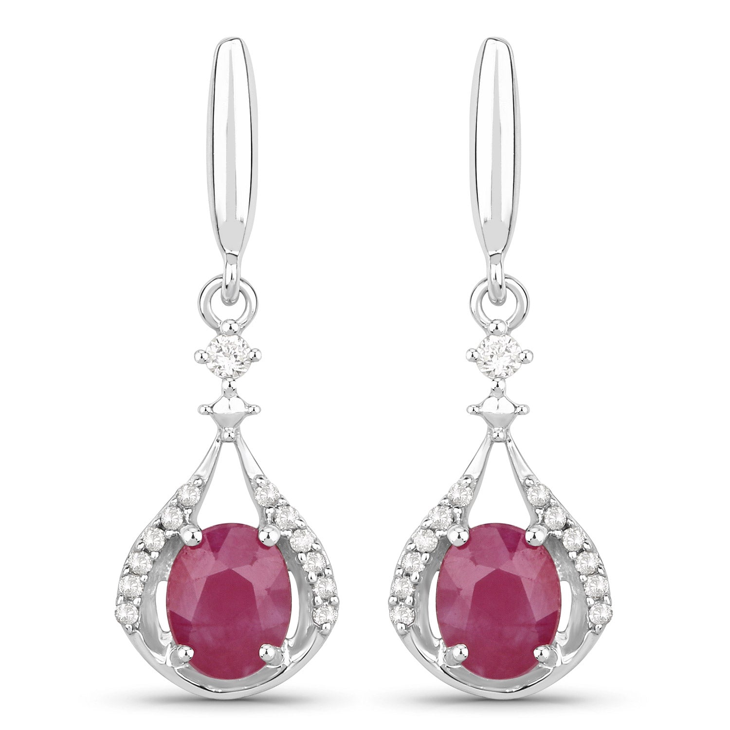 0.70 Carat Genuine Ruby and White Diamond 14K White Gold Earrings