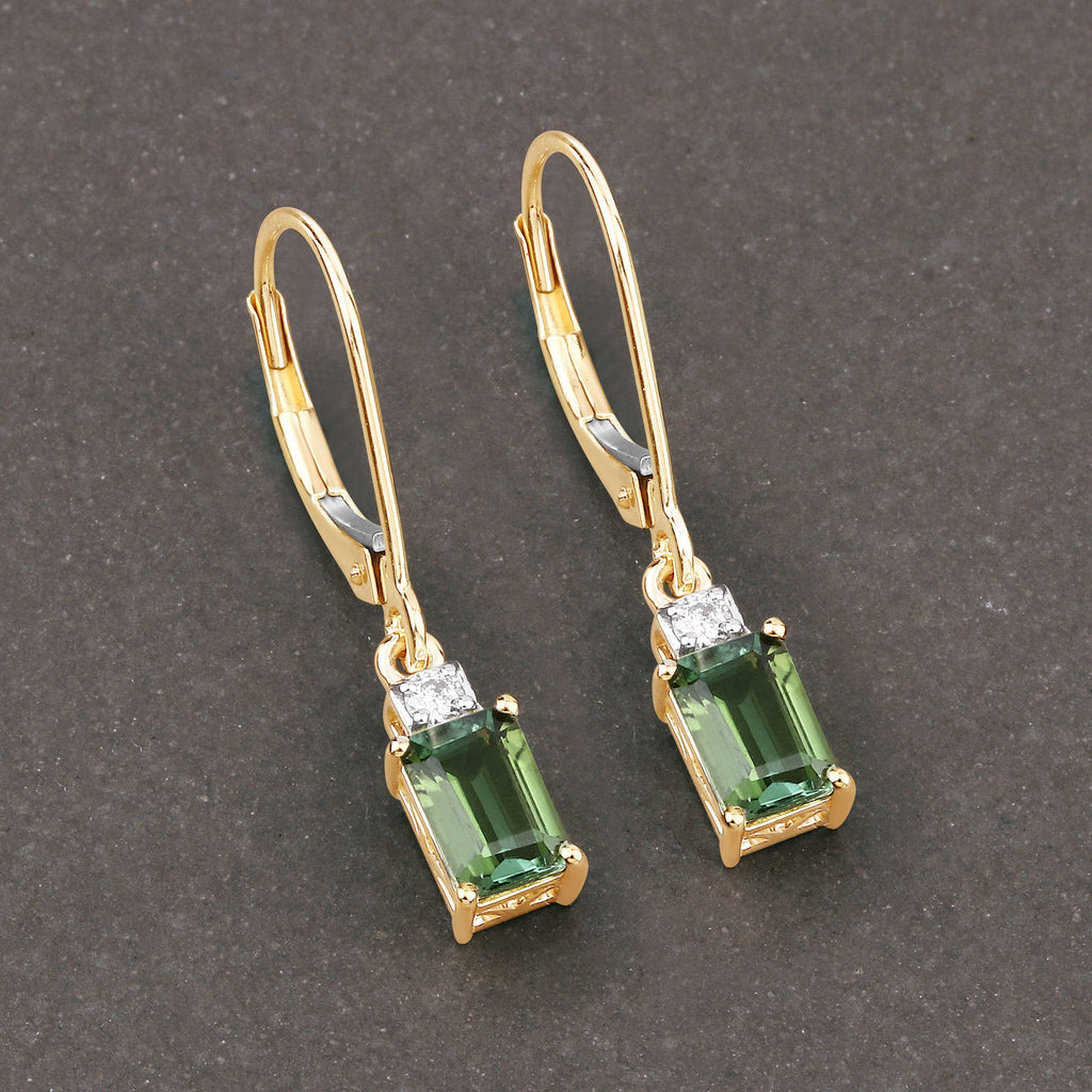 1.28 Carat Genuine Green Tourmaline and White Diamond 14K Yellow Gold Earrings