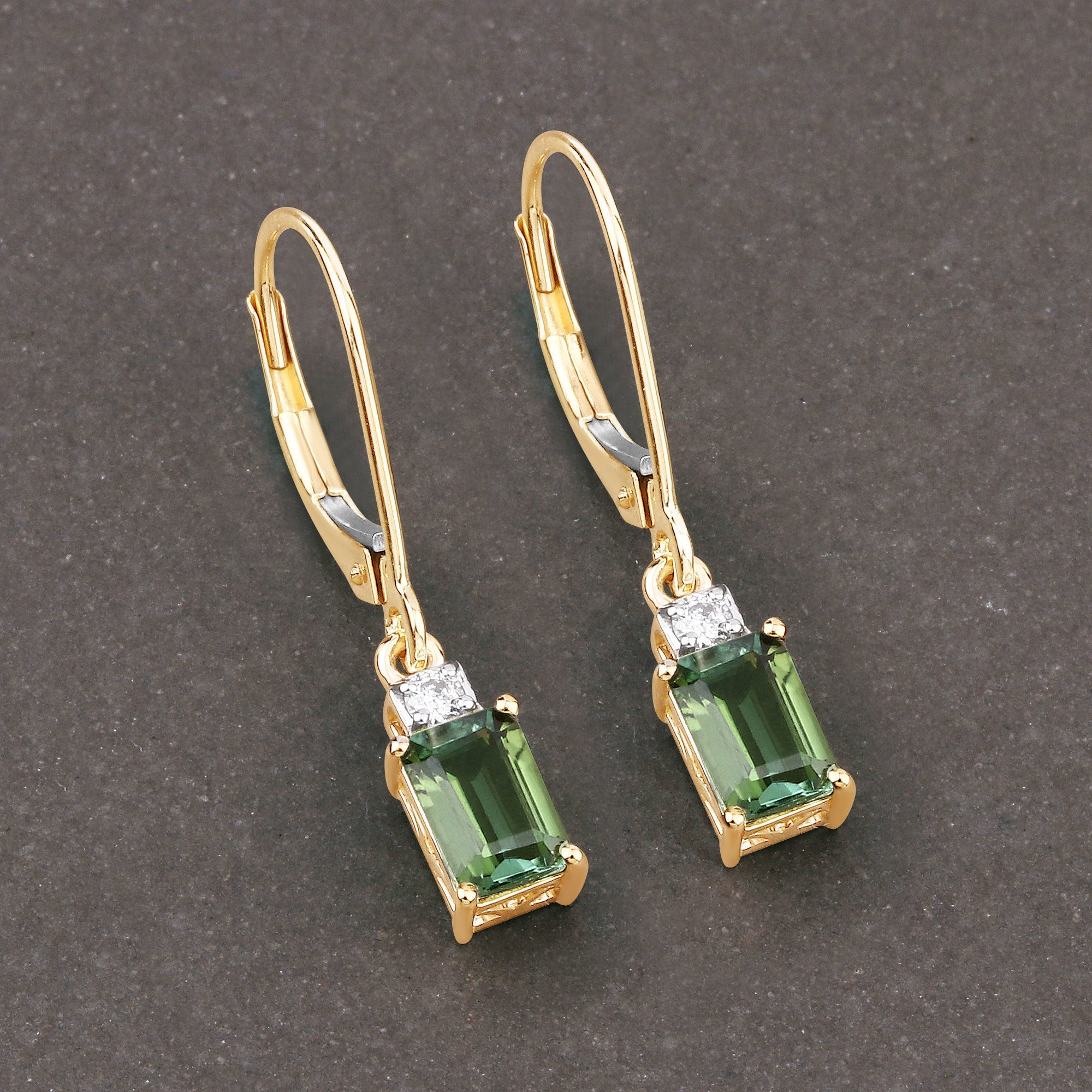 1.28 Carat Genuine Green Tourmaline and White Diamond 14K Yellow Gold Earrings