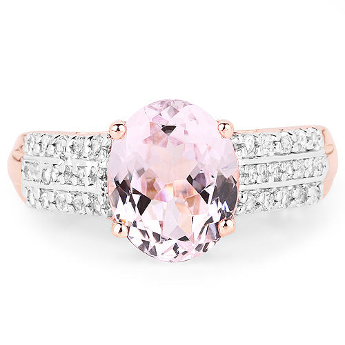 14K Rose Gold Plated 3.27 Carat Genuine Oval Kunzite and White Zircon .925 Sterling Silver Ring