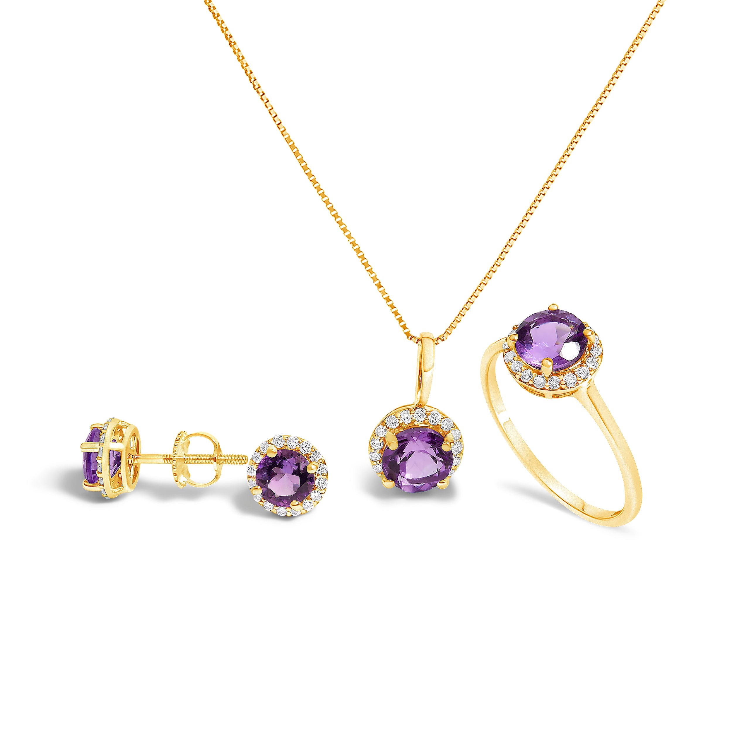 10K White Gold Purple Amethyst and 3/8 Cttw Diamond Halo Jewelry Set (Earrings, Pendant & Ring)