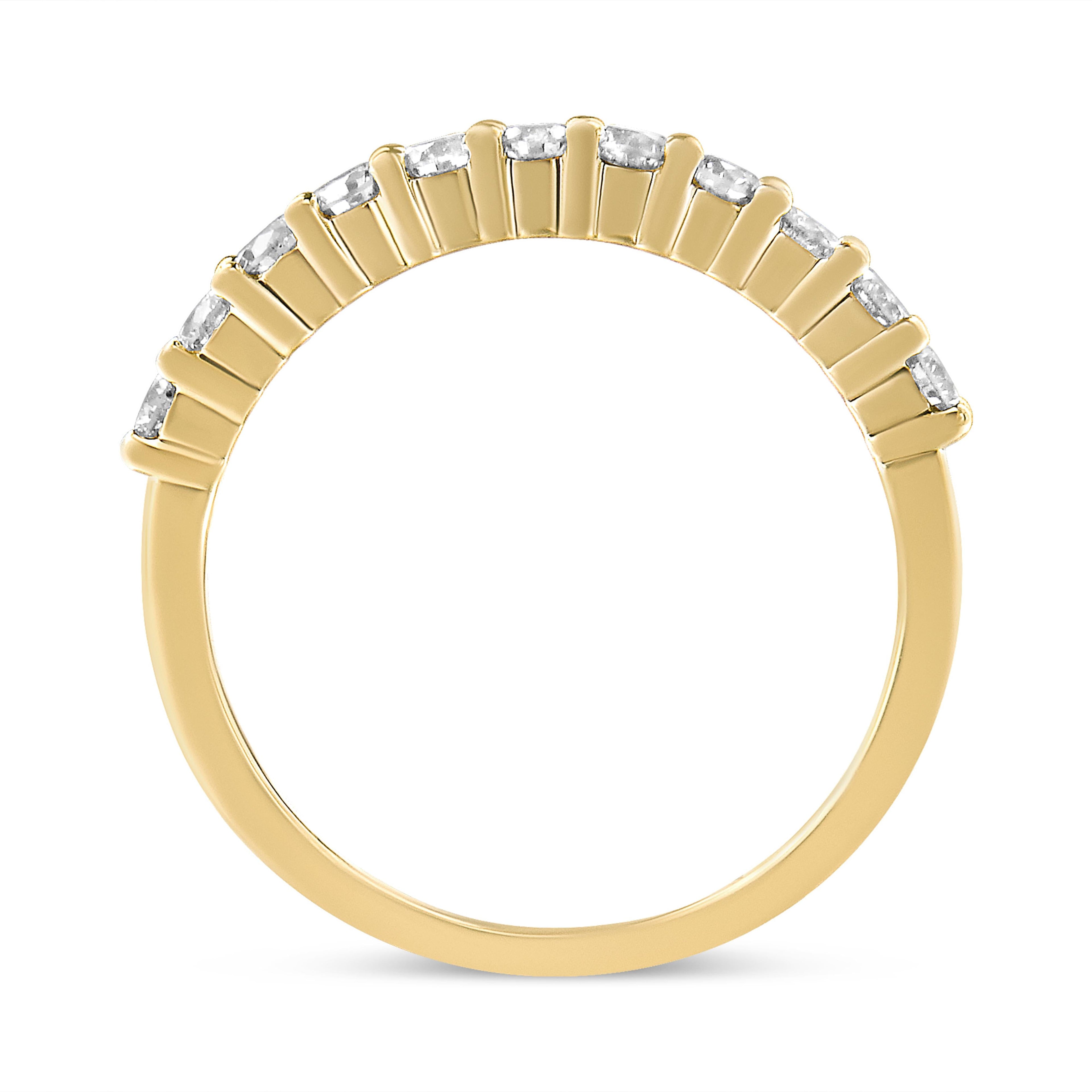 14K Yellow Gold Plated .925 Sterling Silver 1/2 cttw Shared Prong Set Brilliant Round-Cut Diamond 11 Stone Band Ring (J-K Color, SI1-SI2 Clarity) - Size 7