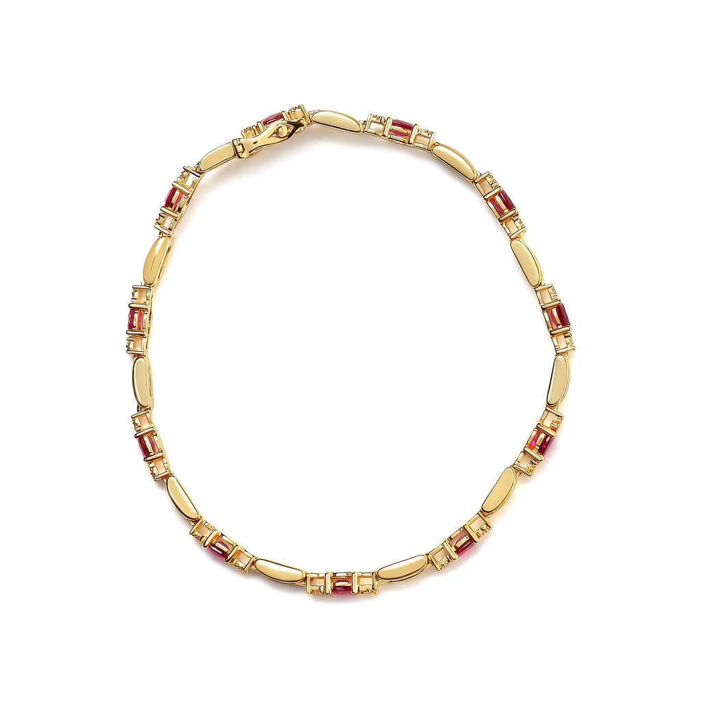 10K Yellow Gold Oval Ruby and 1/10 Cttw Diamond Bar Prong Set Bracelet (H-I Color, SI1-SI2 Clarity) - 7" Length