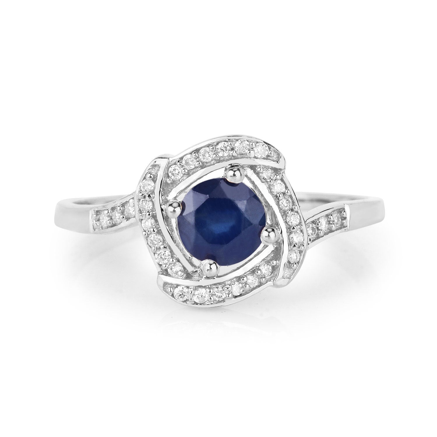 0.73 Carat Genuine Blue Sapphire and White Diamond 14K White Gold Ring