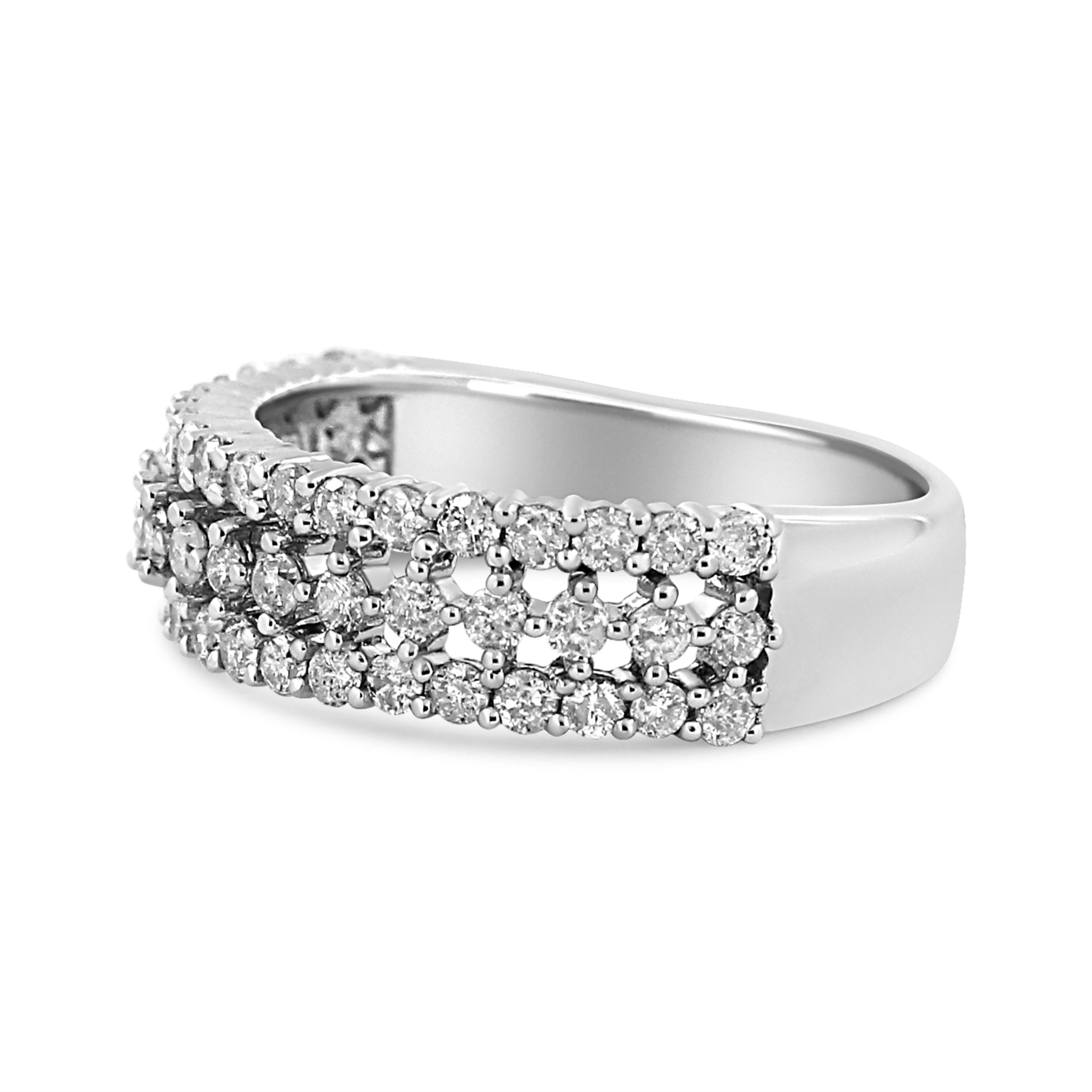 14K White Gold 1.0 Cttw Prong Set Round Diamond Split Shank Three Row Band Ring (H-I Color, I2-I3 Clarity) - Size 6