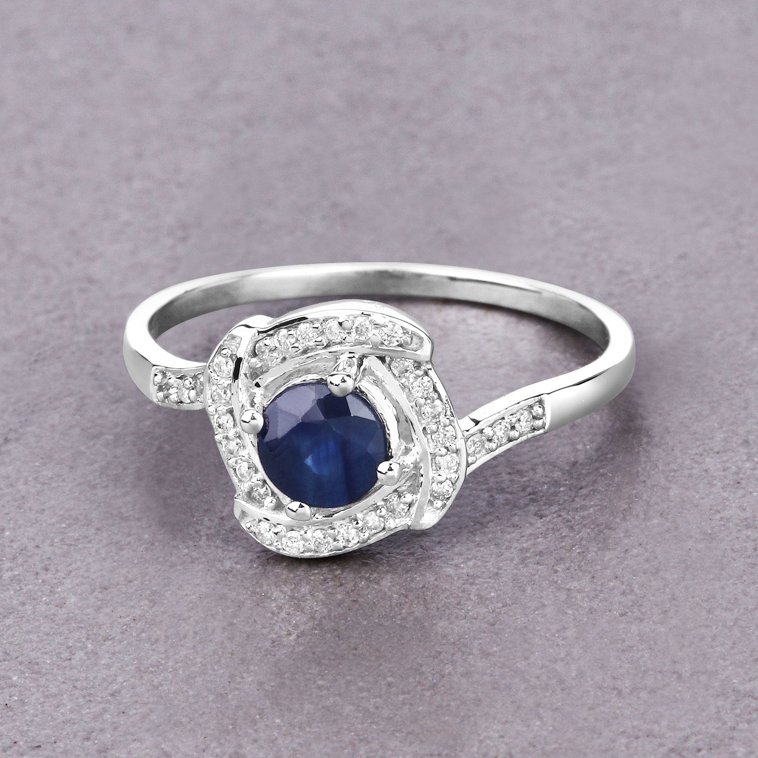 0.73 Carat Genuine Blue Sapphire and White Diamond 14K White Gold Ring