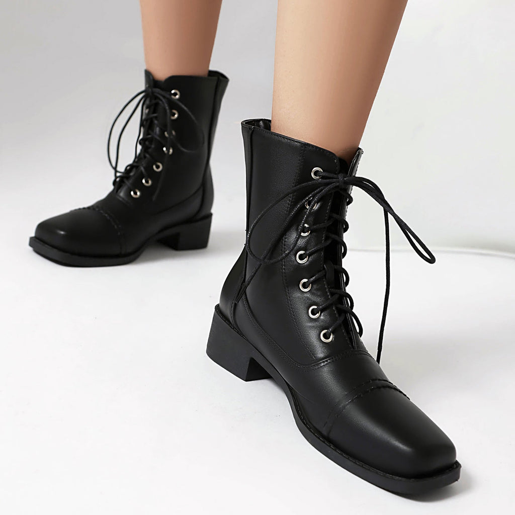 Women’s Lace-Up Square Toe Motorcycle Boots – Comfortable Outdoor Riding Boots