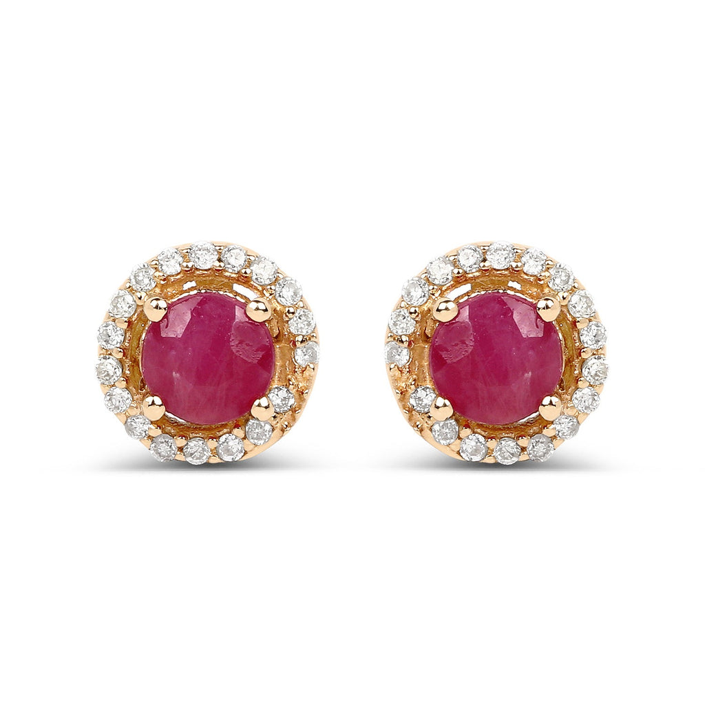0.71 Carat Genuine Ruby and White Diamond 14K Yellow Gold Earrings