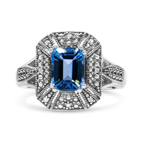 .925 Sterling Silver Diamond Accent and 8X6 mm Emerald-Shape Blue Topaz Ring (I-J Color, I2-I3 Clarity) - Ring Size 7