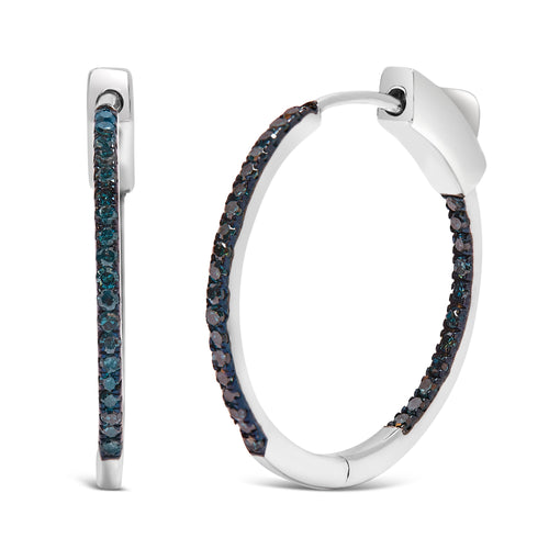 .925 Sterling Silver 1/3 Carat Total Weight Inside Out Blue Treated Diamond 1MM Wide Hoop Earrings (Blue Color, I2-I3 Clarity)