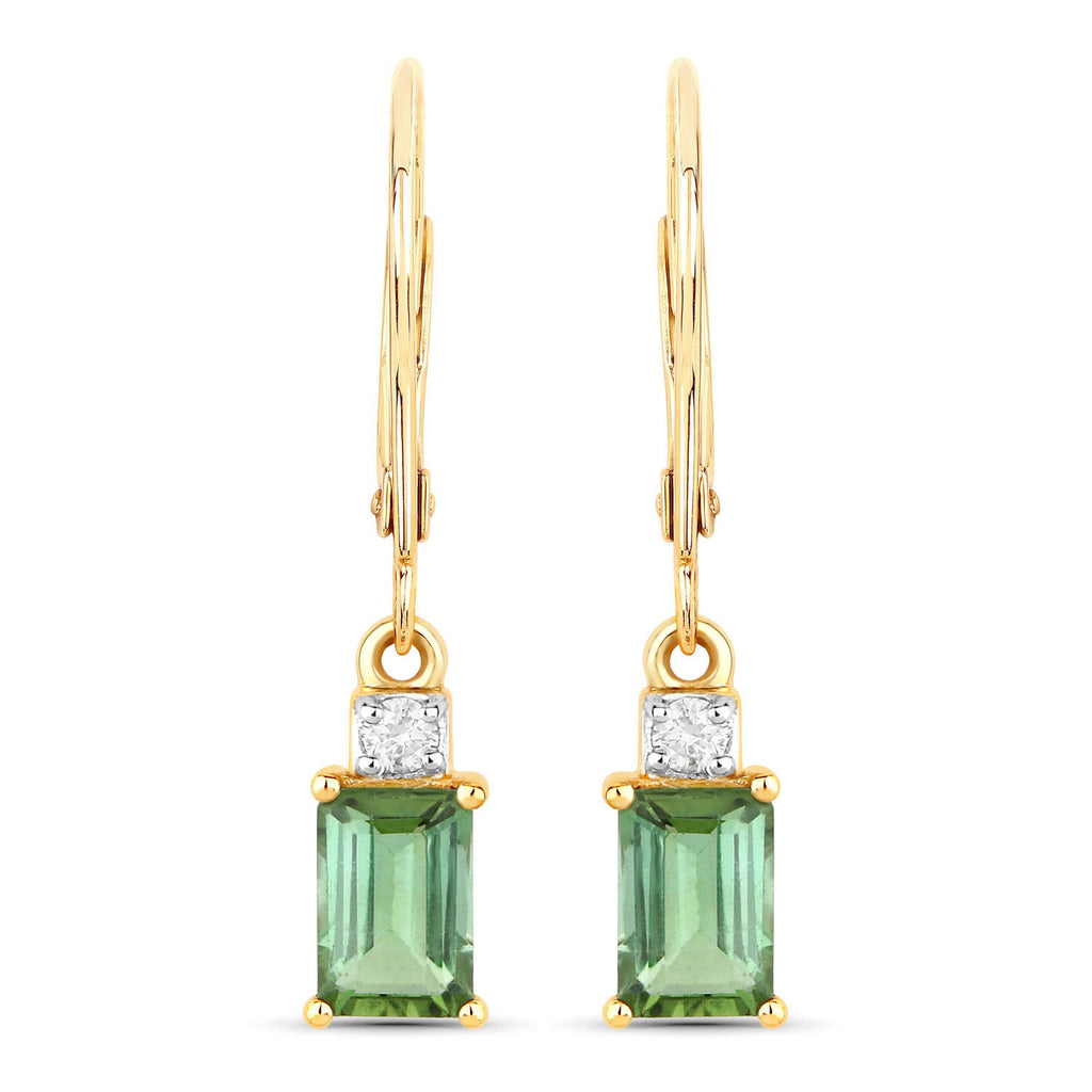 1.28 Carat Genuine Green Tourmaline and White Diamond 14K Yellow Gold Earrings