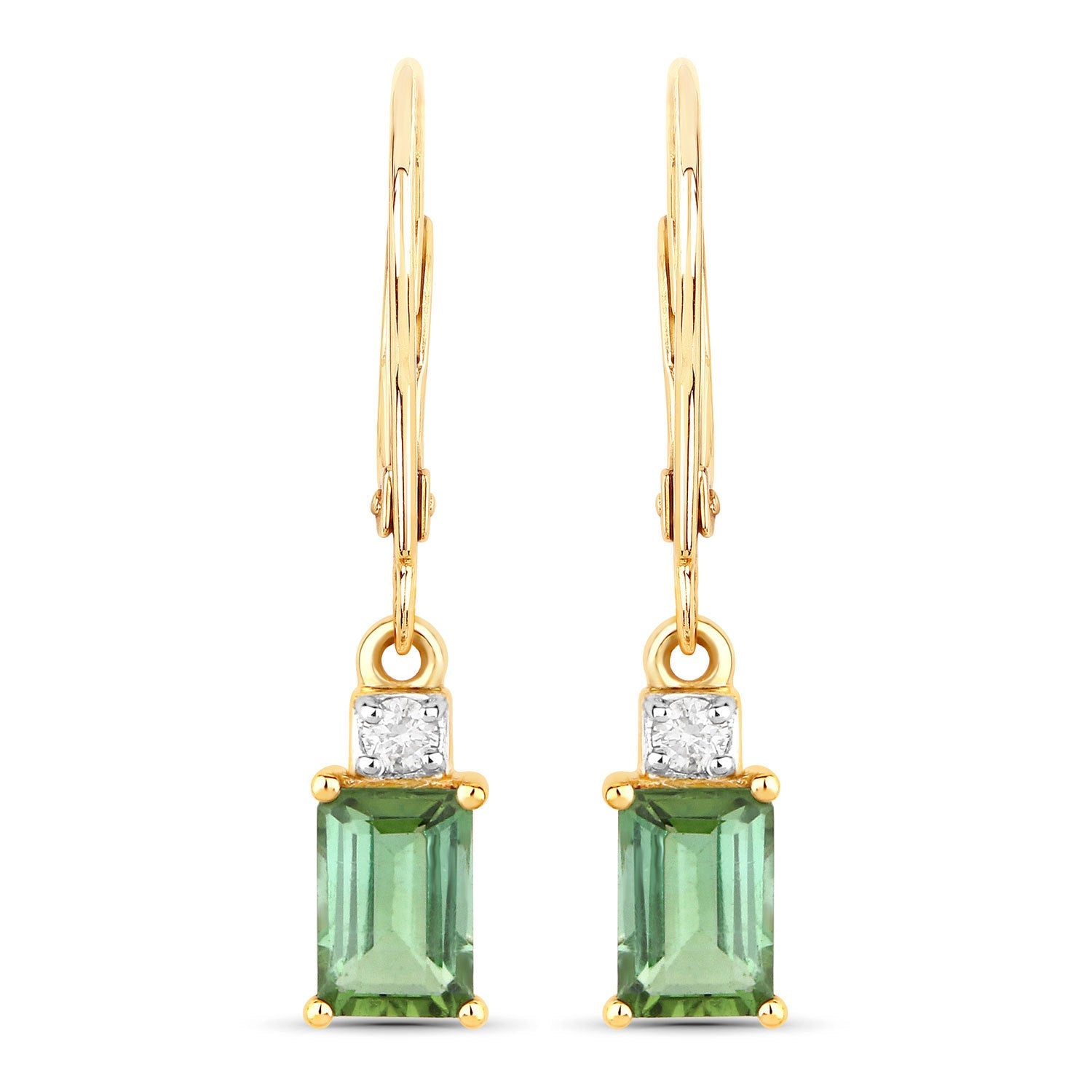 1.28 Carat Genuine Green Tourmaline and White Diamond 14K Yellow Gold Earrings
