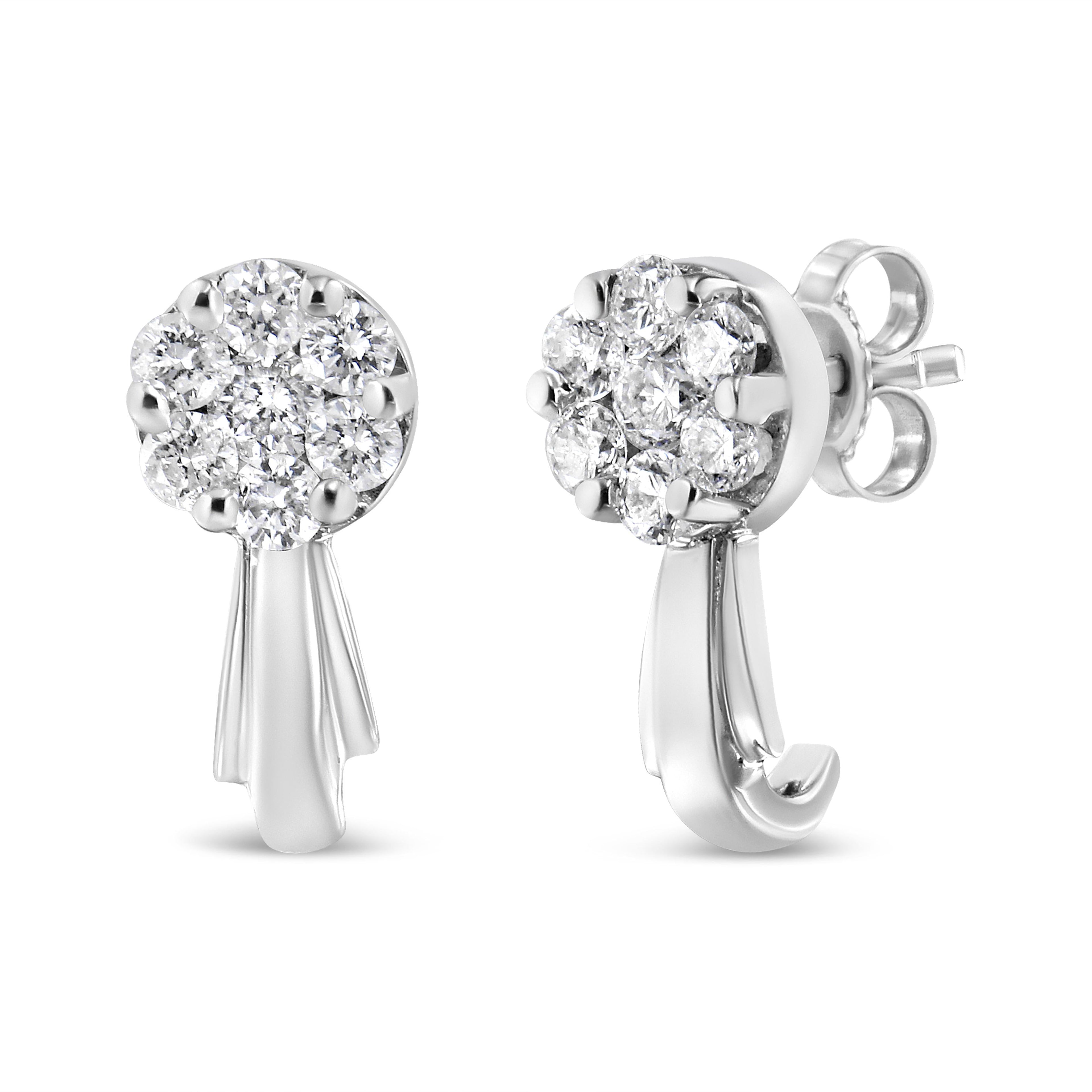 14K White Gold 3/4 Carat Total Weight Diamond Floral Cluster Drop and Dangle Stud Earrings (H-I Color, I1-I2 Clarity)