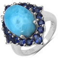 7.67 Carat Genuine Larimar and Iolite .925 Sterling Silver Ring