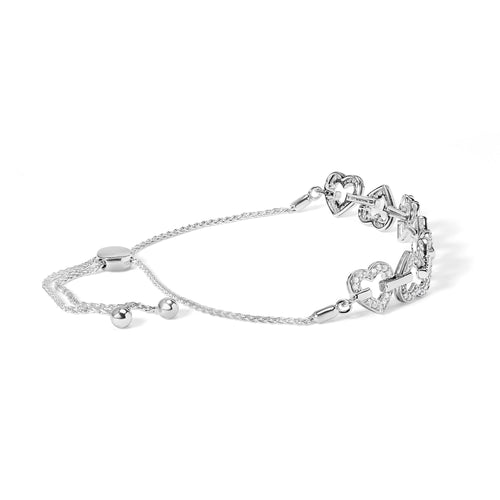 .925 Sterling Silver 1/2 Carat Total Weight Diamond Alternating Heart Link Adjustable Bolo Bracelet (I-J Color, I3 Clarity) - 4" to 10"