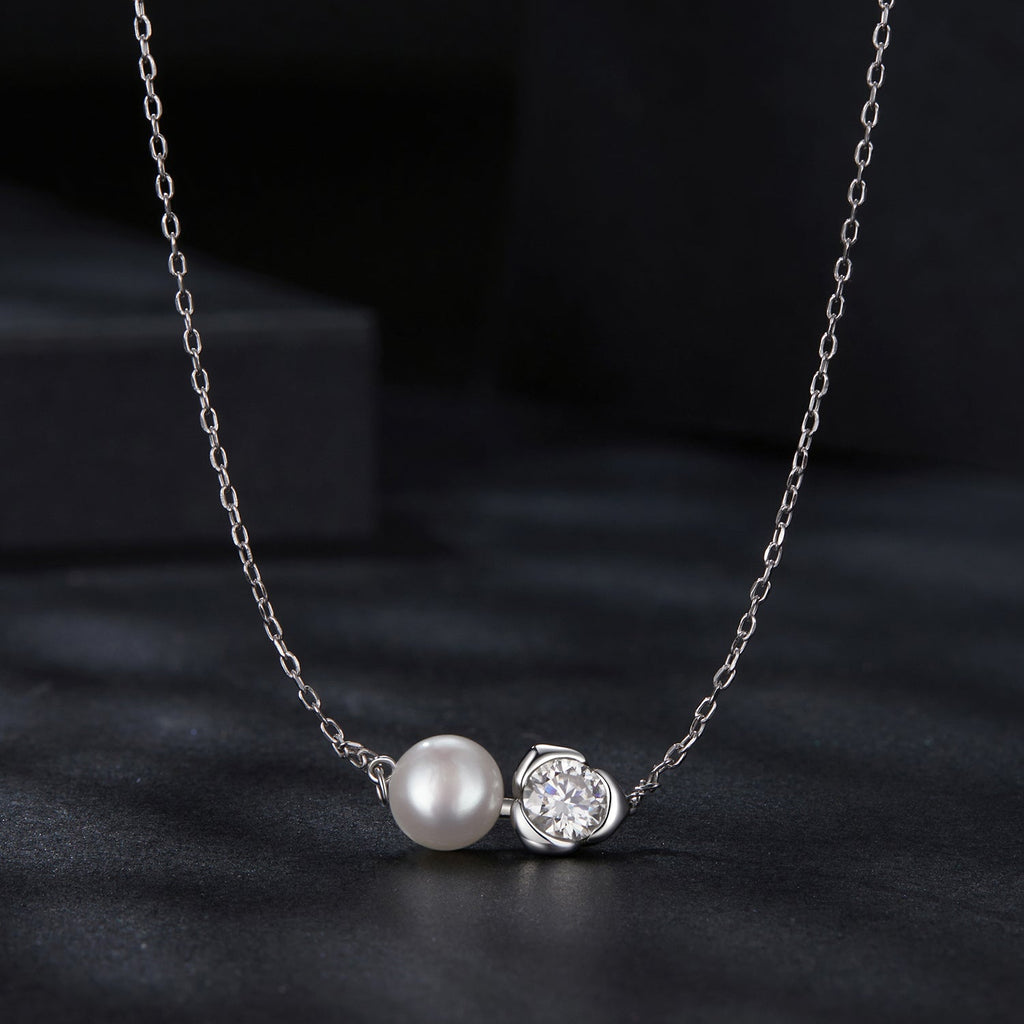 925 Sterling Silver Moissanite & Freshwater Pearl White Gold Necklace 45cm for Women